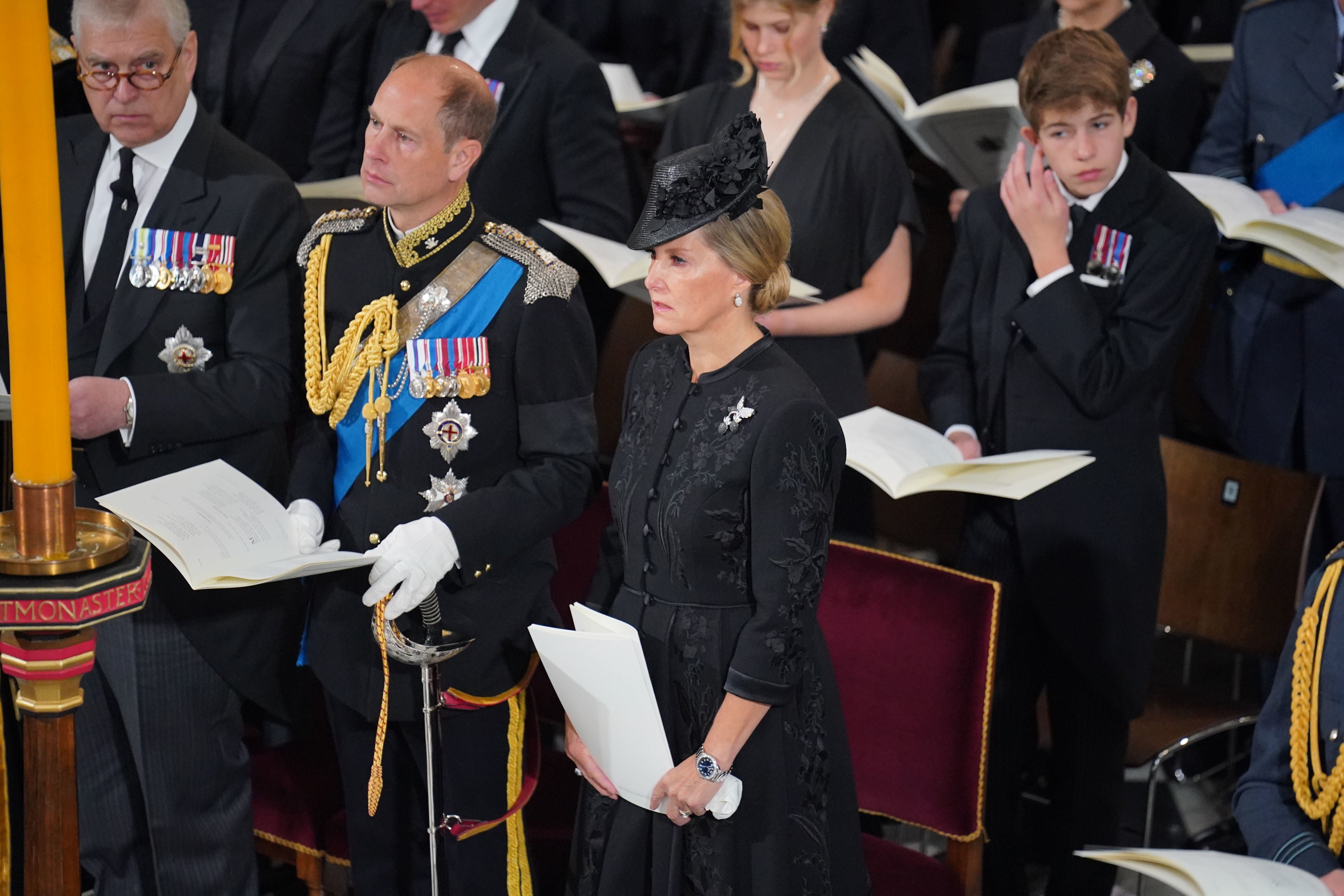 The Duke of York, the Earl of Wessex, the Countess of Wessex and James, Viscount Severn during State Funeral of Queen Elizabeth II at the Abbey in London