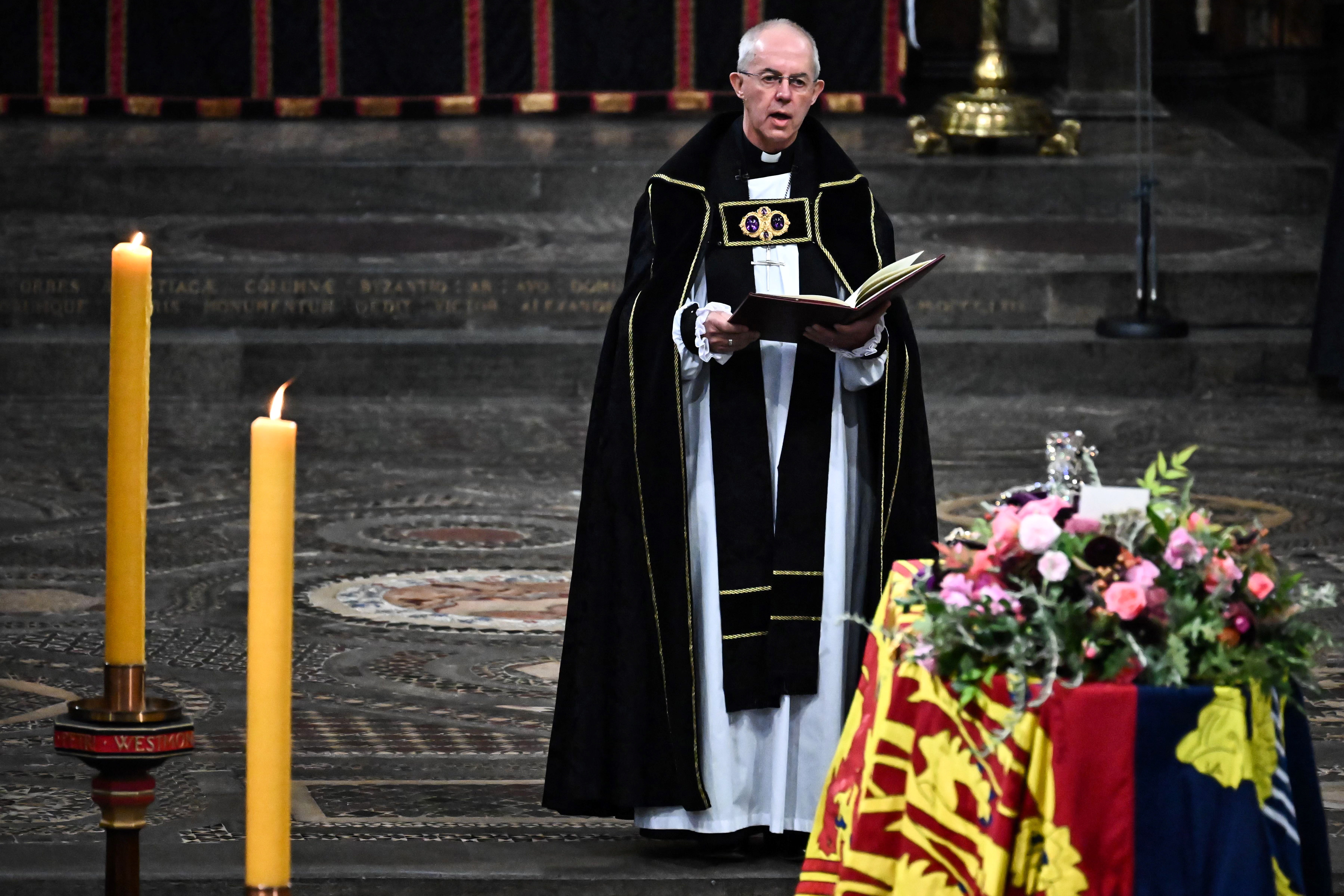 The Archbishop of Canterbury Justin Welby gives a reading during the State Funeral of Queen Elizabeth II at Westminster Abbey on September 19 in London, England.