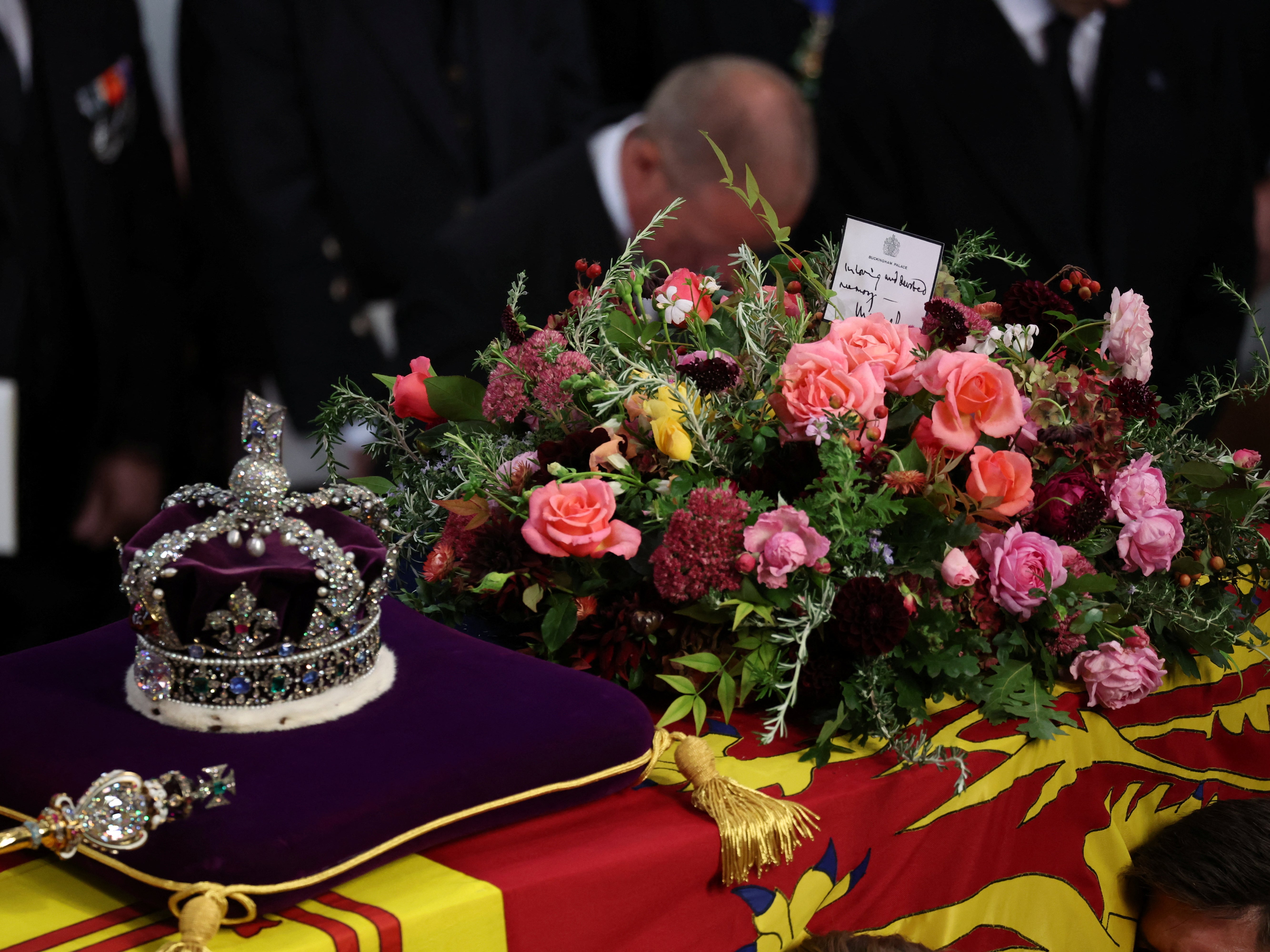 The wreath on top of Queen Elizabeth II’s coffin containing a wreath and note from King Charles III