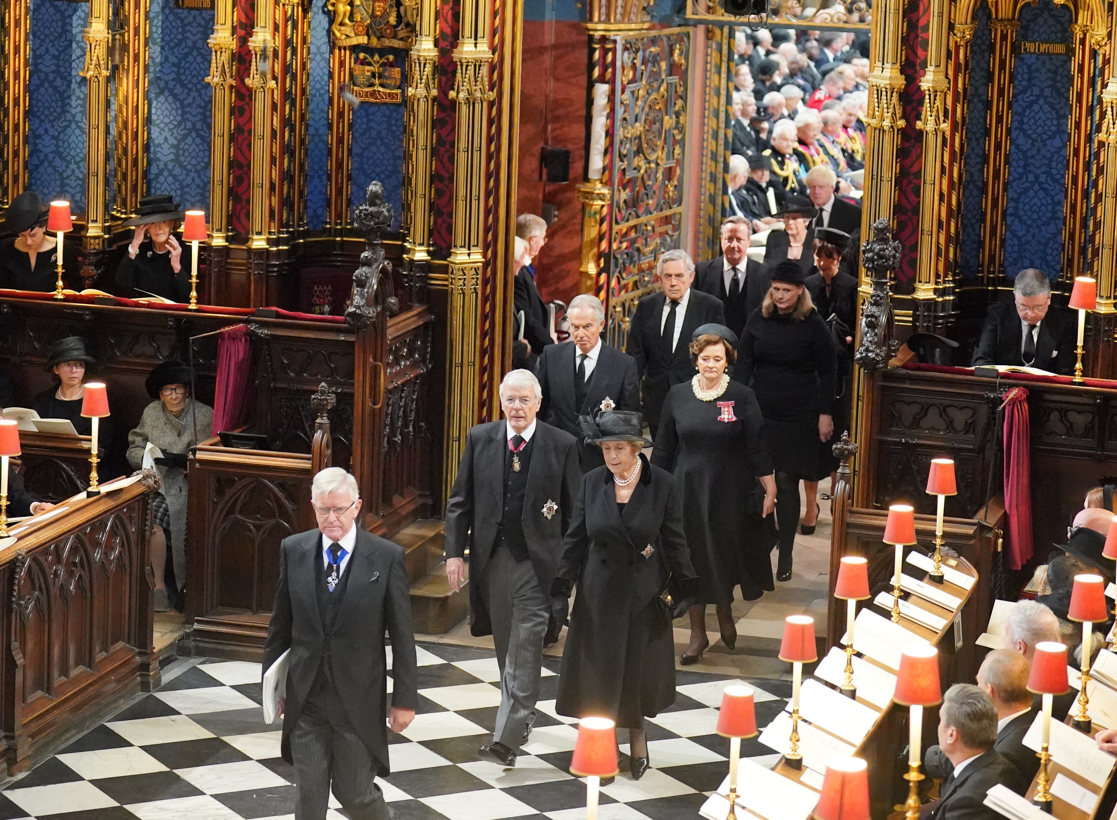 (left to right, from front) Former prime ministers Sir John Major and his wife Lady Norma Major, Tony Blair and his wife Cherie Blair, Gordon Brown and his wife Sarah Brown, David Cameron and his wife Samanatha Cameron, arriving at the State Funeral of Queen Elizabeth II, held at Westminster Abbey, London. Picture date: Monday September 19, 2022 (Dominic Lipinski/PA)