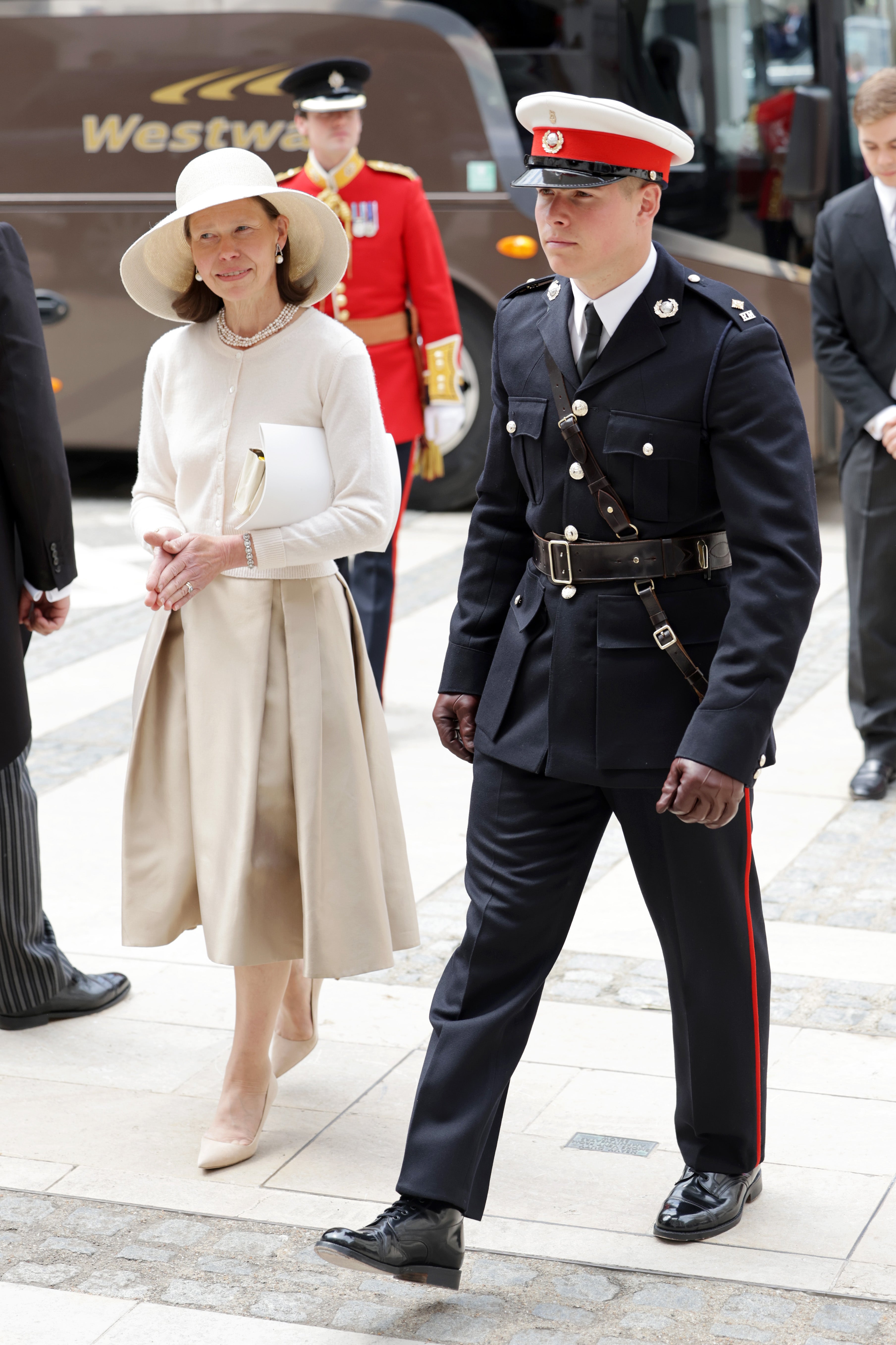 Lady Sarah Chatto and Arthur Chatto arrive for the Lord Mayor's reception for the National Service of Thanksgiving at The Guildhall on June 03, 2022