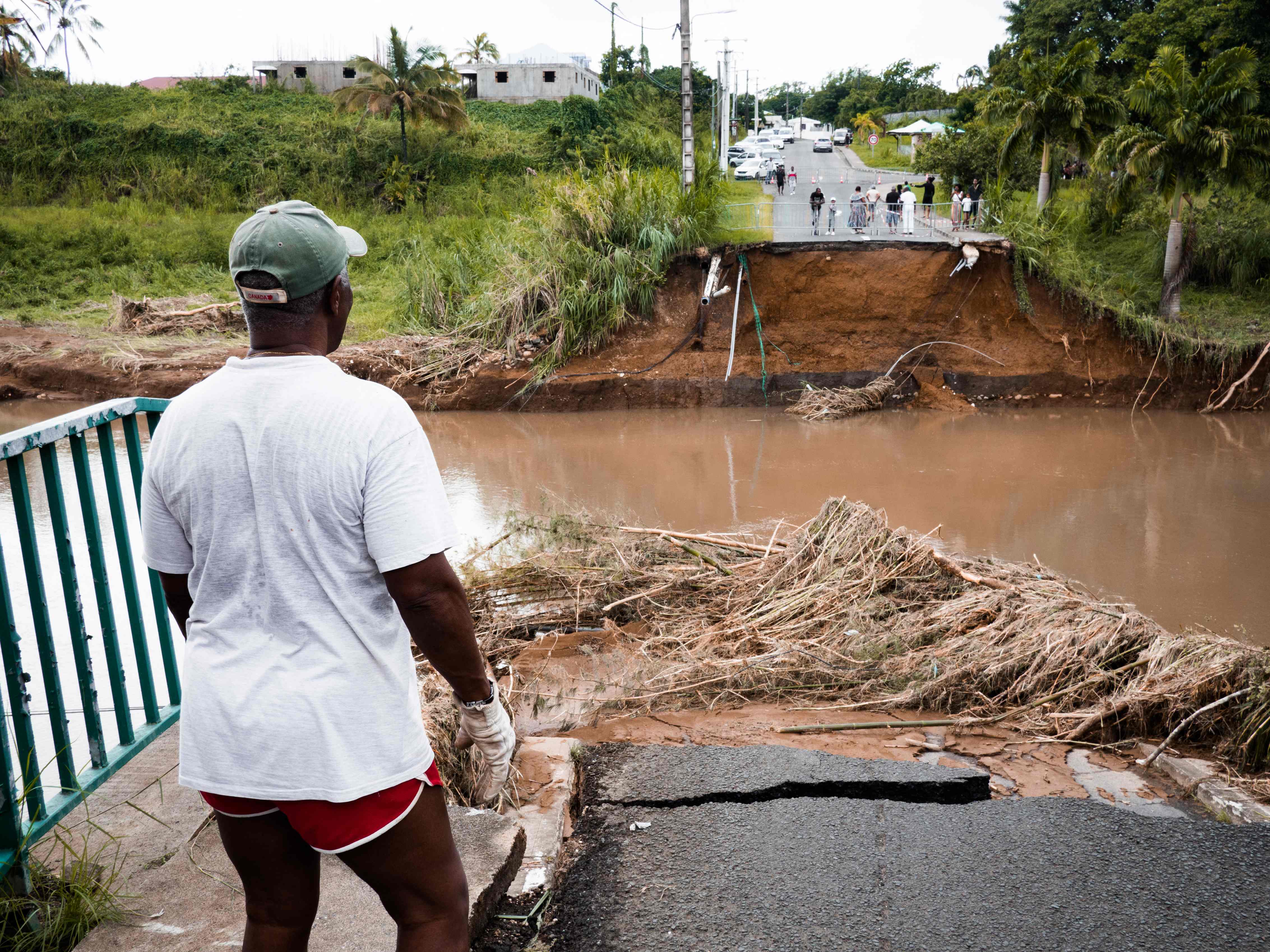 A destroyed road on the French island of Guadeloupe in the eastern Caribbean