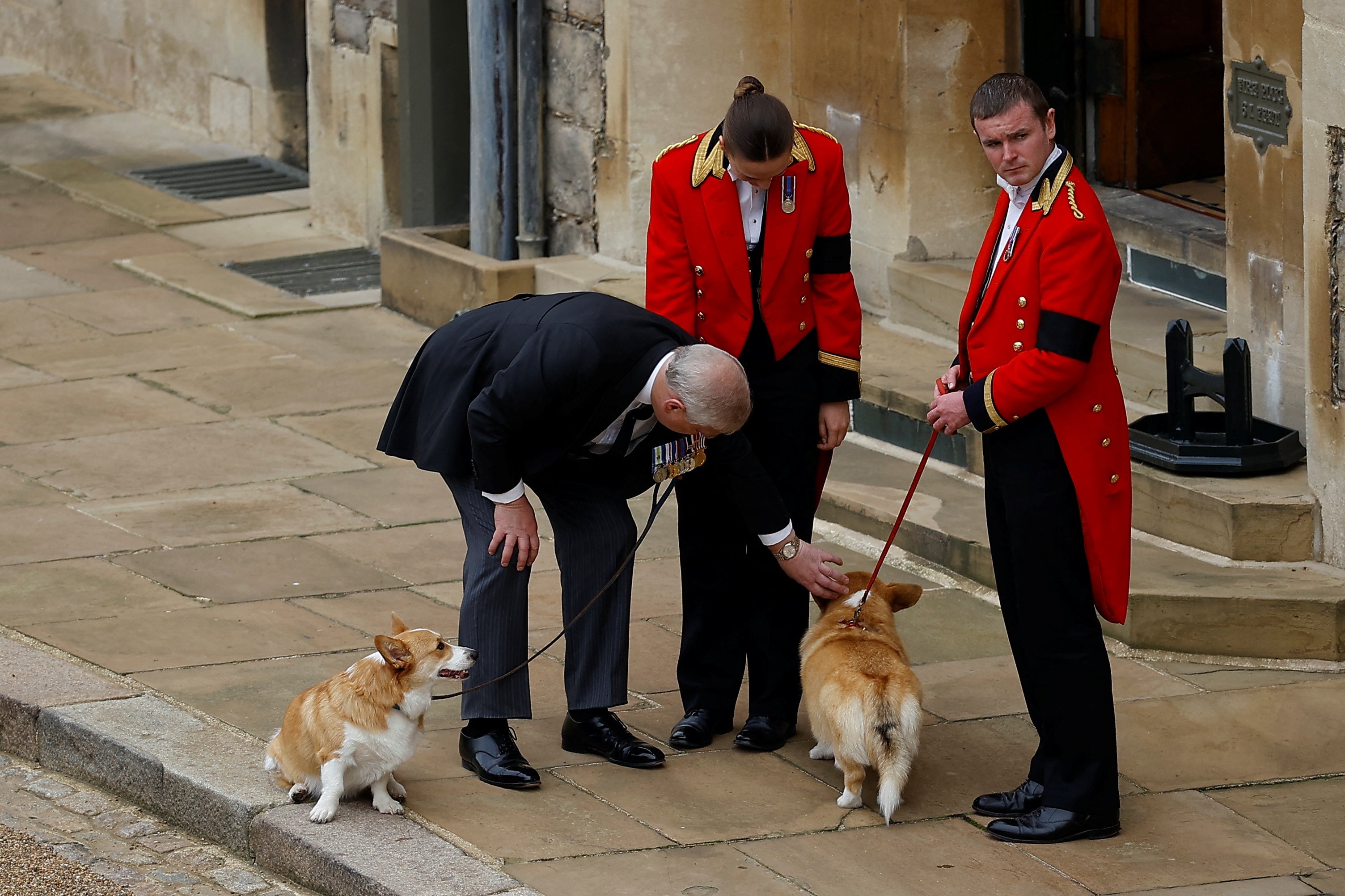 Prince Andrew greeted the corgis as they waited for the Queen’s coffin to arrive