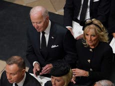 Bidens forced to sit 14 rows back behind president of Poland at Queen’s funeral service