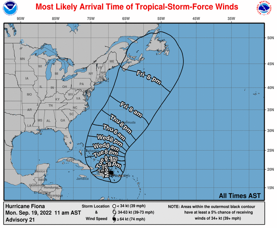 Projected arrival time of tropical storm winds for Hurricane Fiona