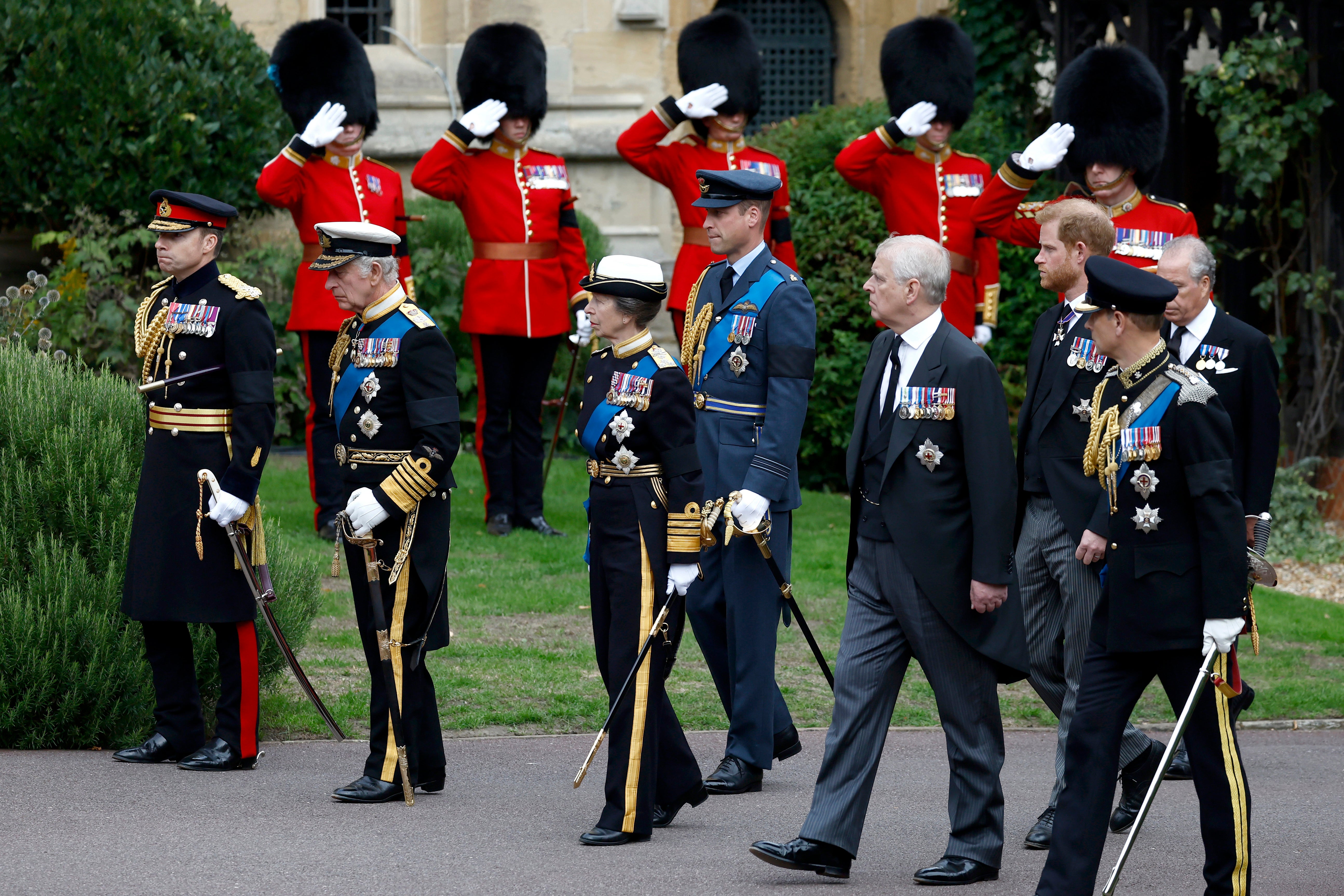 King Charles III, Princess Anne, Prince William, Prince of Wales, Prince Andrew, Duke of York, Prince Edward and Prince Harry, Duke of Sussex arrive at St. George’s Chapel, in Windsor, England, Monday Sept. 19, for the committal service for Queen Elizabeth II.