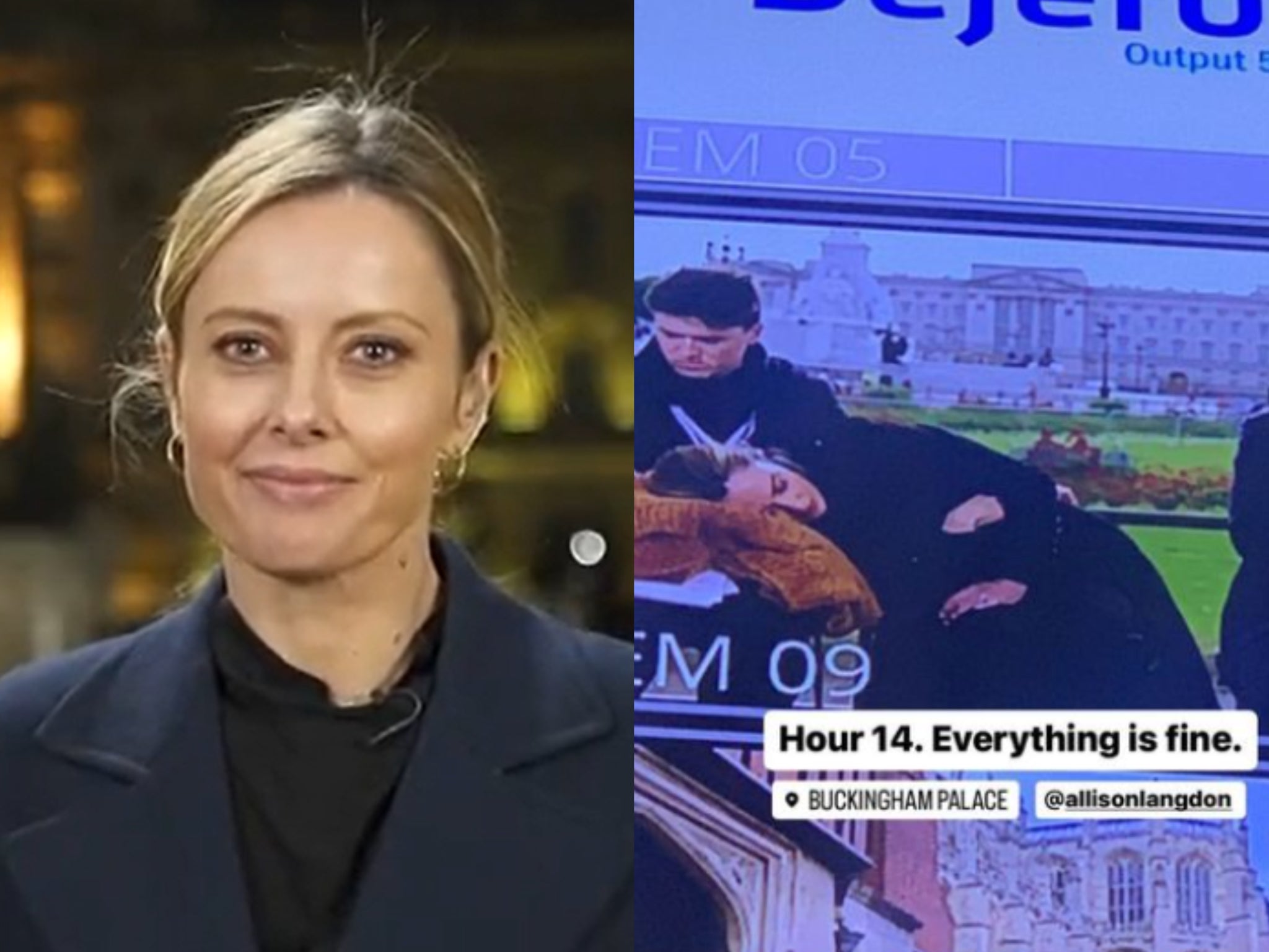 Allison Langdon presenting on the Queen’s funeral (left), and as spotted napping (right)