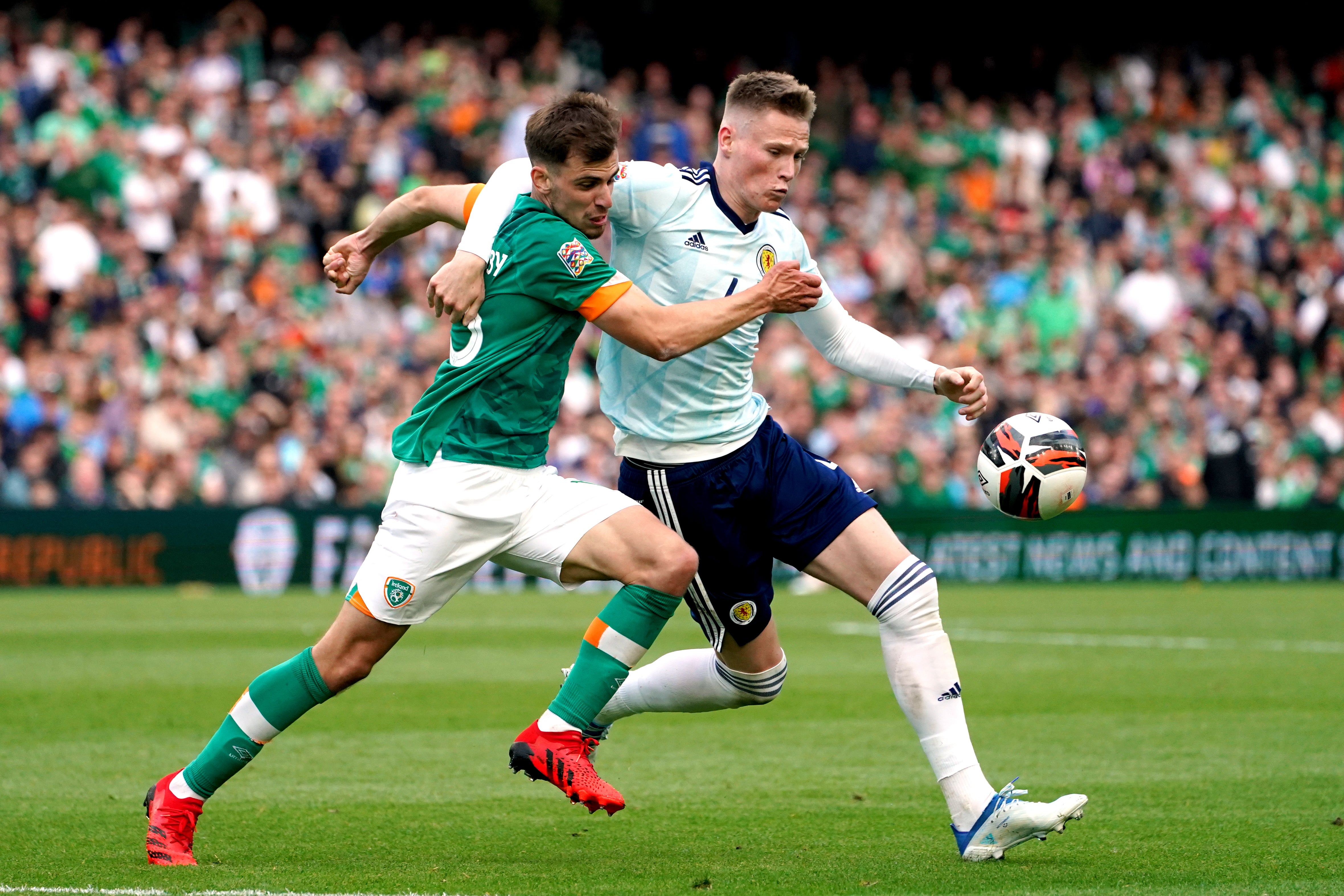 Republic of Ireland’s Jayson Molumby (left) won his 13th cap in the Nations League win over Scotland in June