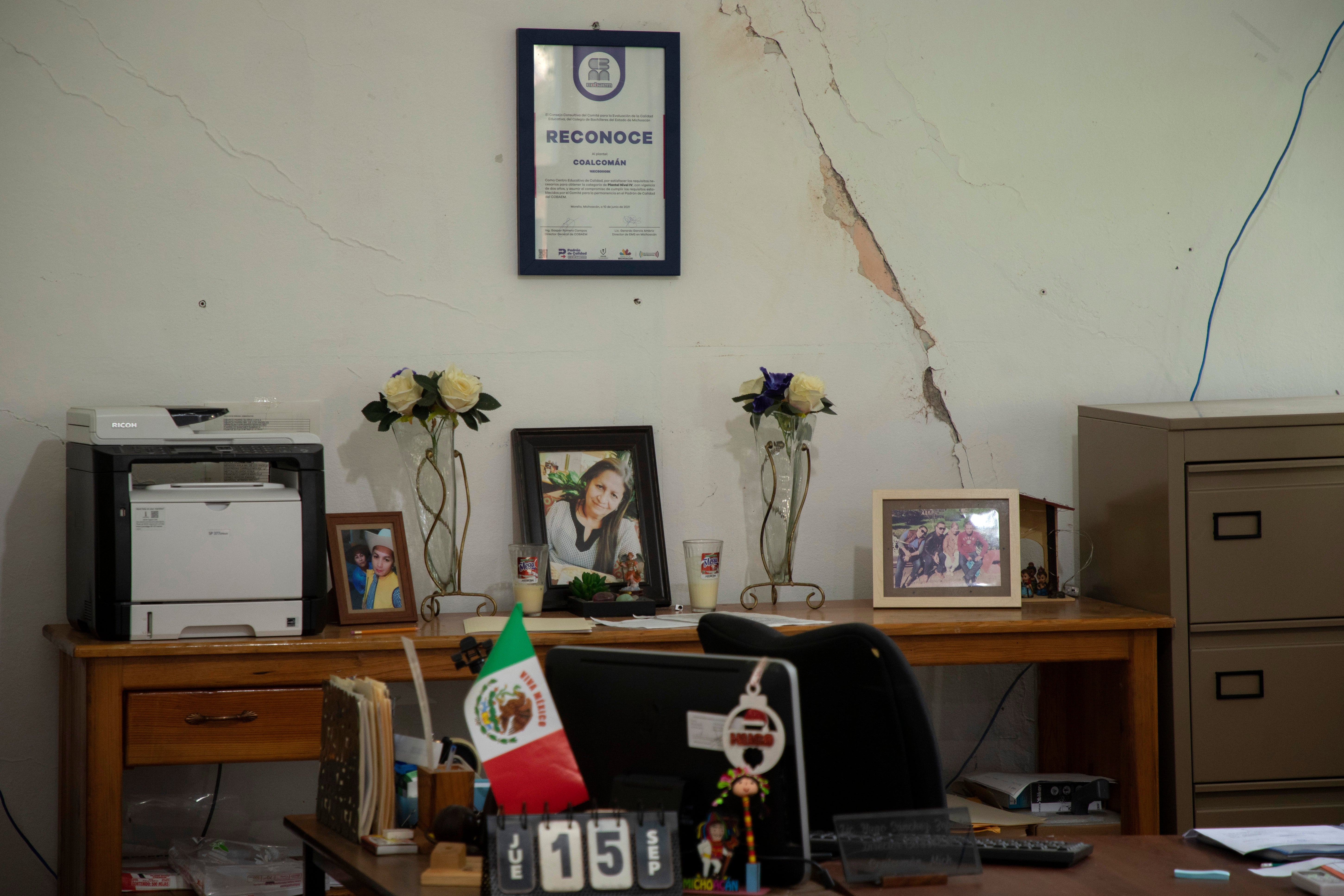 A wall is cracked inside a government office the day after an earthquake in Coalcoman, Michoacan state, Mexico, Tuesday, Sept. 20, 2022