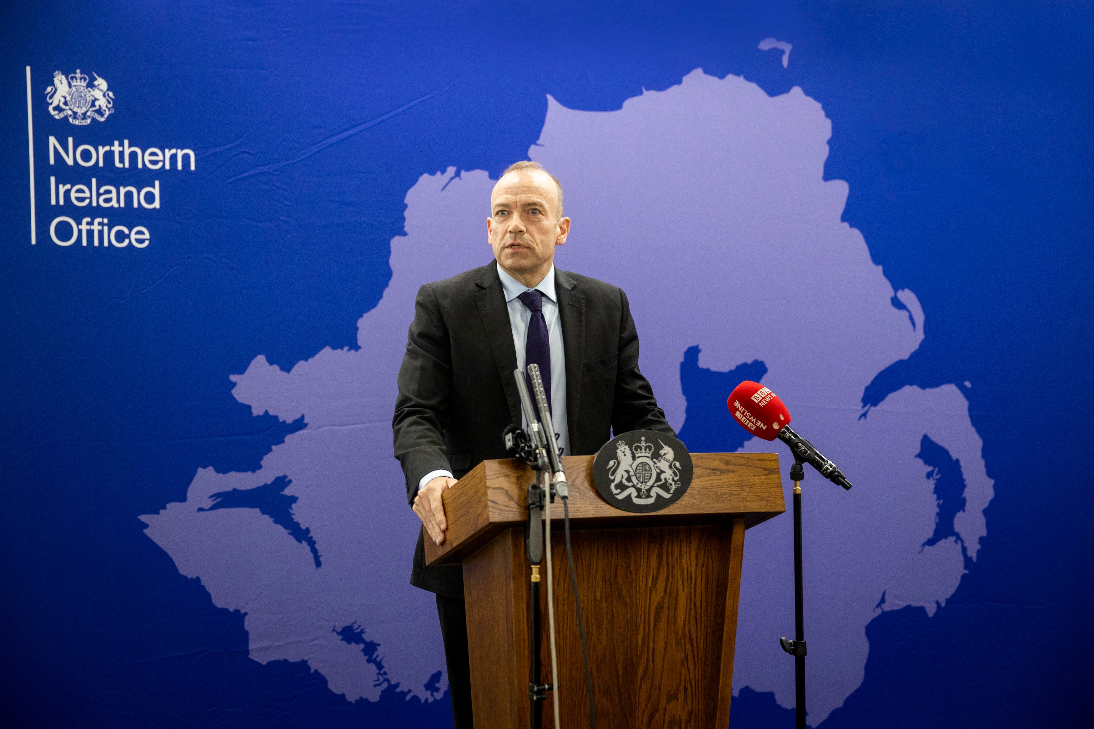 Heaton-Harris at a press conference in Erskine House, Belfast