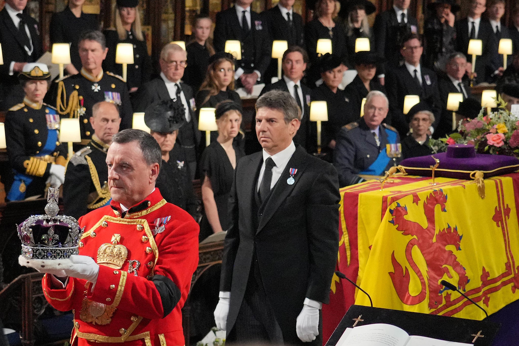 Crown pillow can be seen in far right of this image taken as the royal symbols were removed