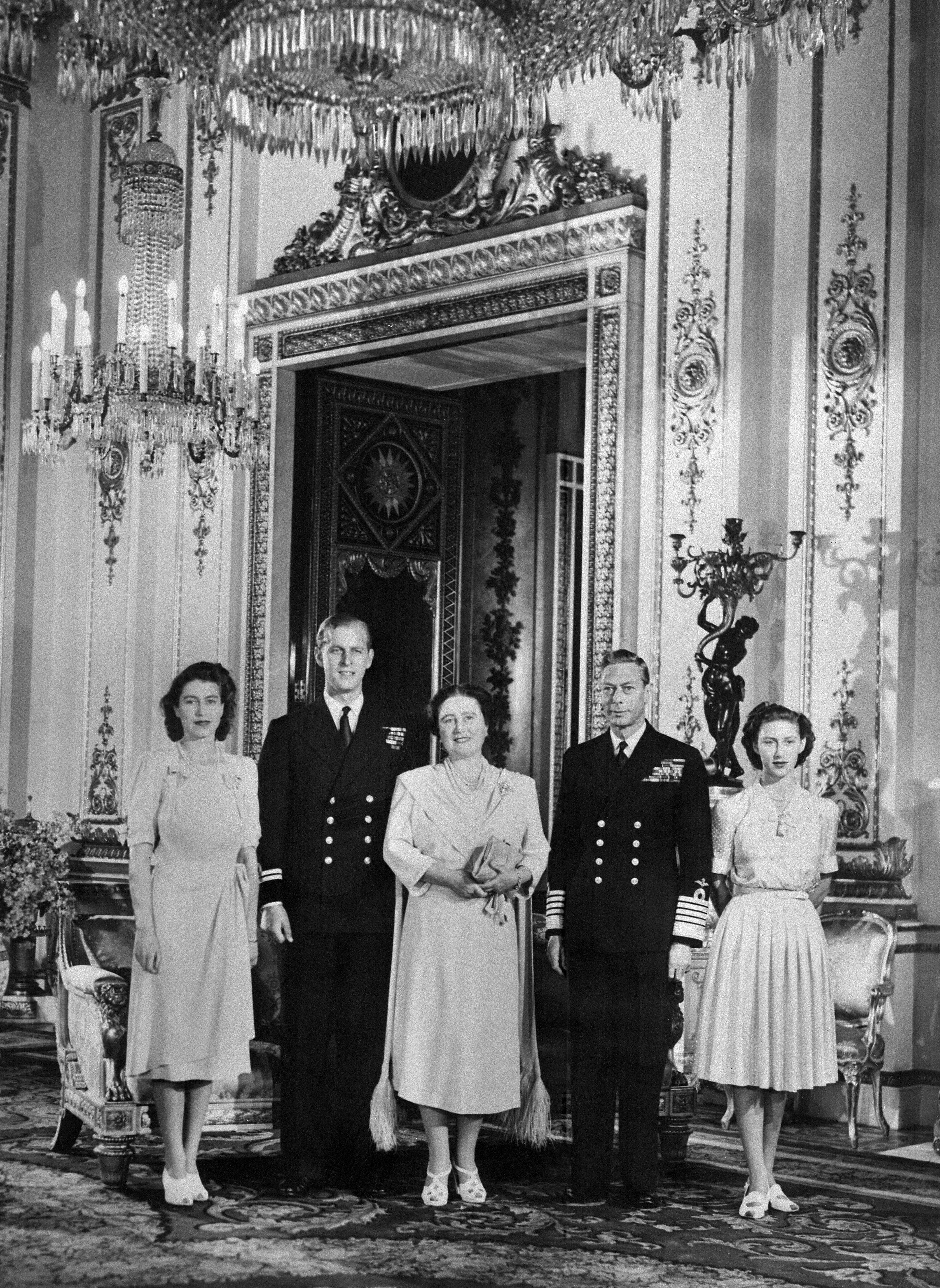 Then-princess Elizabeth, Prince Philip, the future Queen Mother, King George VI and Princess Margaret in Buckingham Palace, 1947