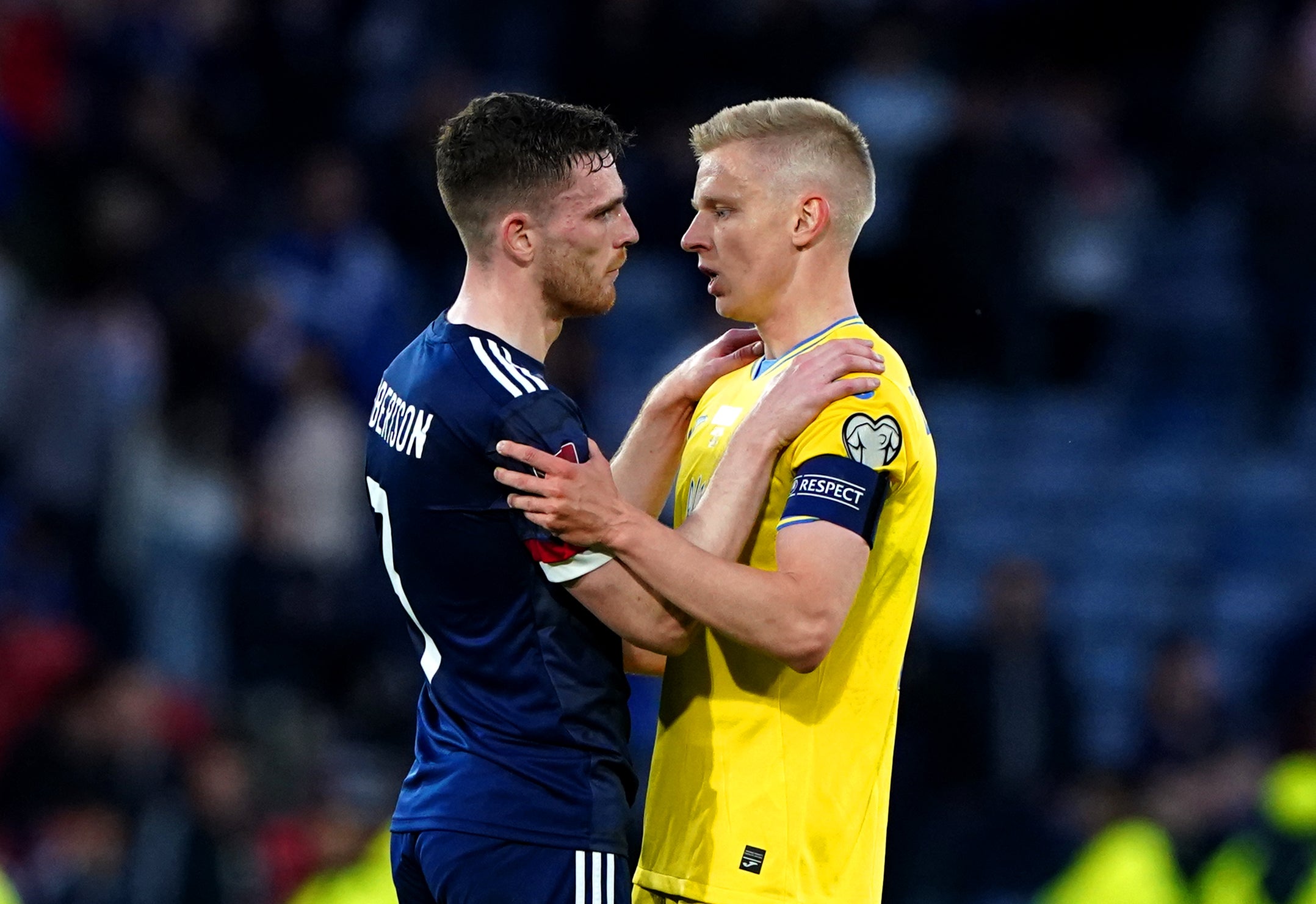 Scotland’s Andrew Robertson (left) speaks to Ukraine’s Oleksandr Zinchenko at the end of the FIFA World Cup 2022 Qualifier play-off semi-final match (Andrew Milligan/PA)