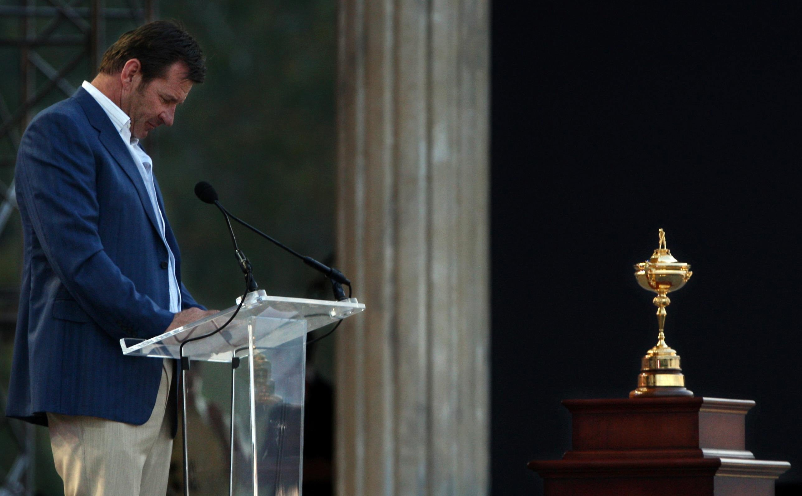 Europe’s captain Nick Faldo appears dejected during his speech in the the 37th Ryder Cup closing ceremony at Valhalla Golf Club (Nick Potts/PA)