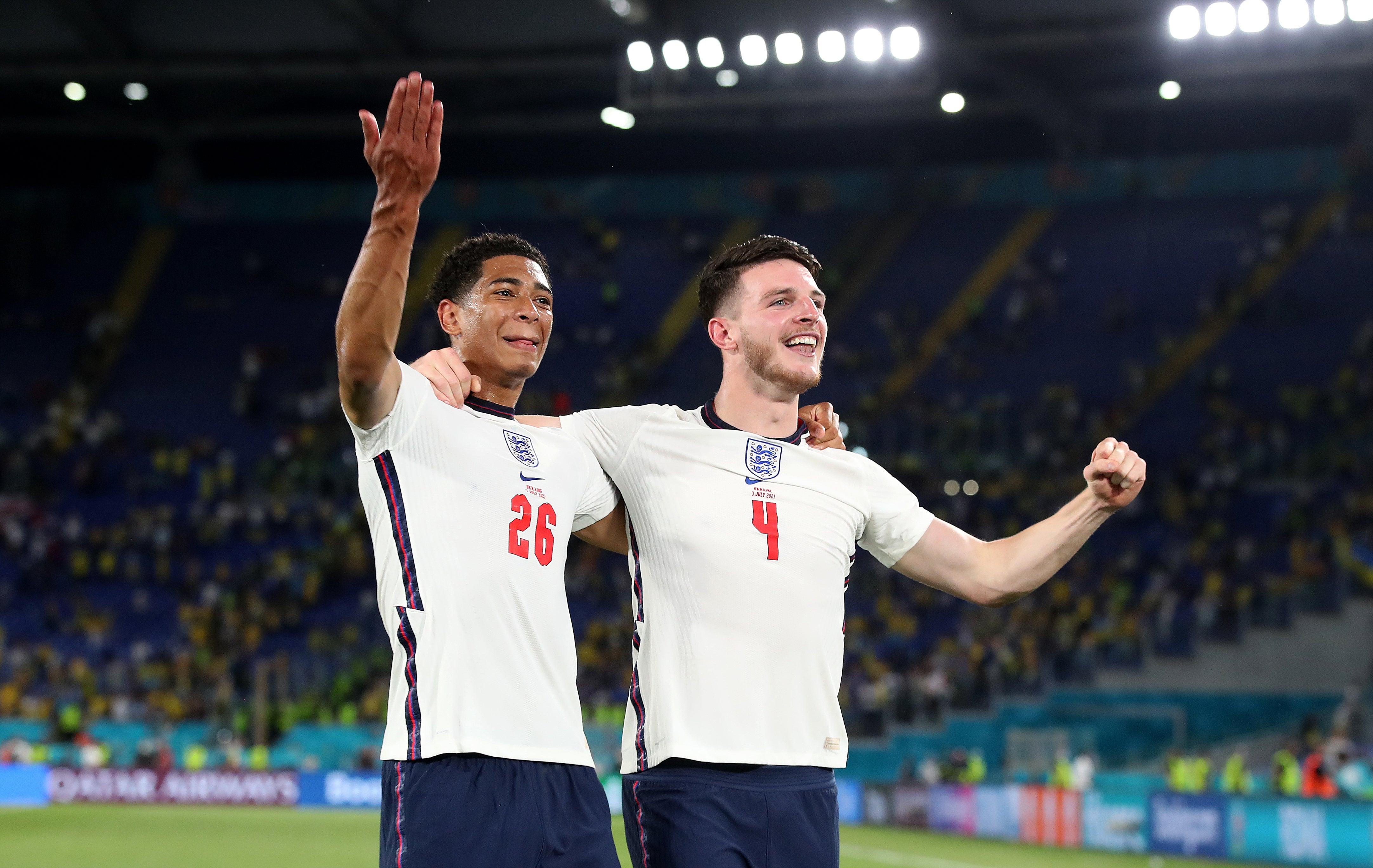 Declan Rice (right) with Jude Bellingham after England’s Euro 2020 quarter-final win (Nick Potts/PA)