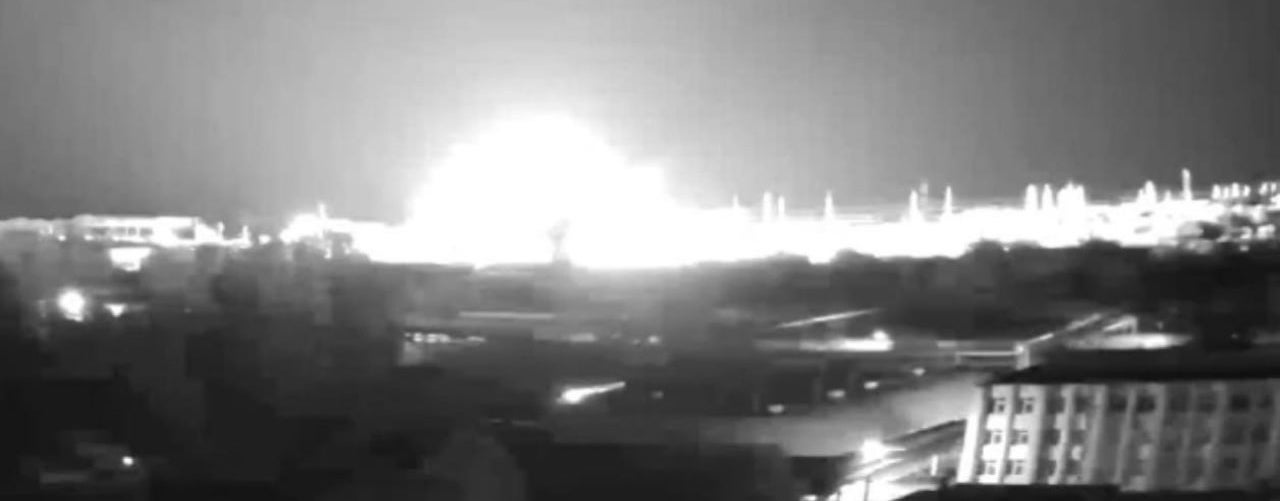 The moment of an explosion from a Russian missile attack on the territory of South Ukraine Nuclear Power Plant (NPP), near the city of Yuzhnoukrainsk, Ukraine