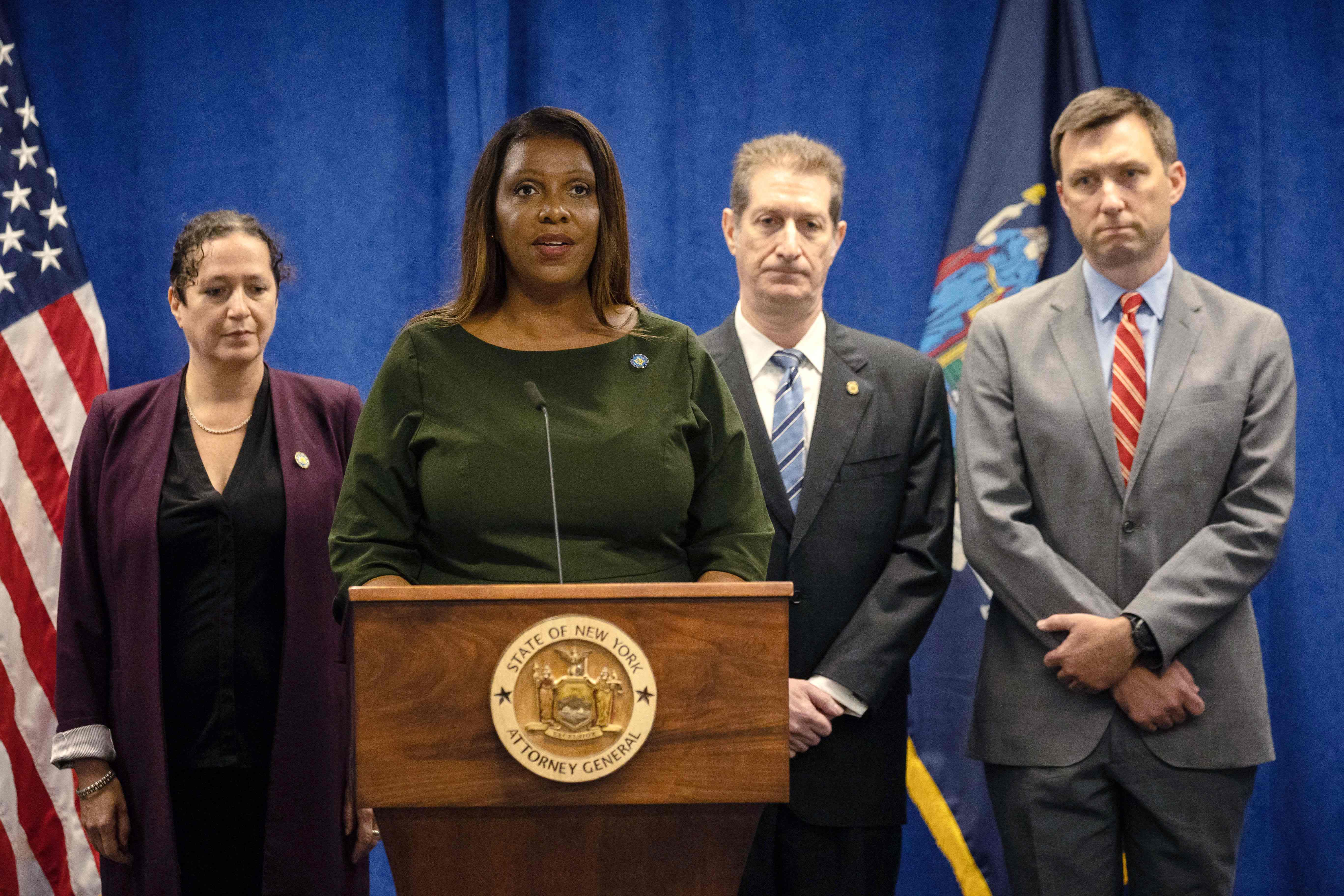 New York Attorney General Letitia James speaks during a press conference regarding former US President Donald Trump and his family's financial fraud case on September 21, 2022 in New York