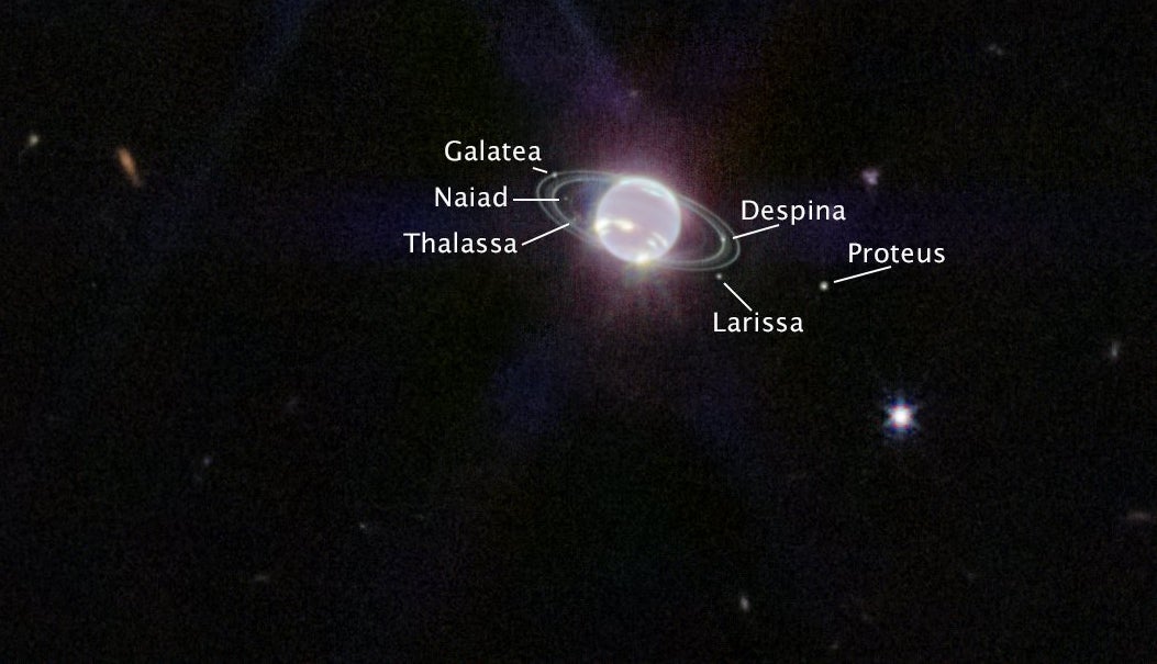 Six of Neptune’s 14 moons can be seen in this new image of the outermost planet of our solar system taken by the James Webb Space Telescope