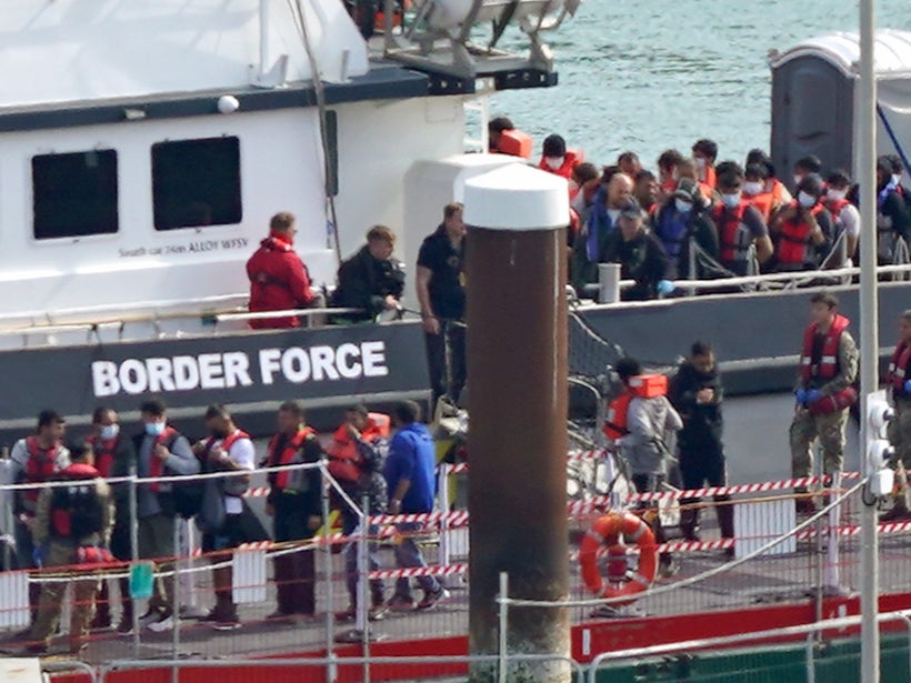 A group of people thought to be migrants are brought in to Dover, Kent, from a Border Force vessel