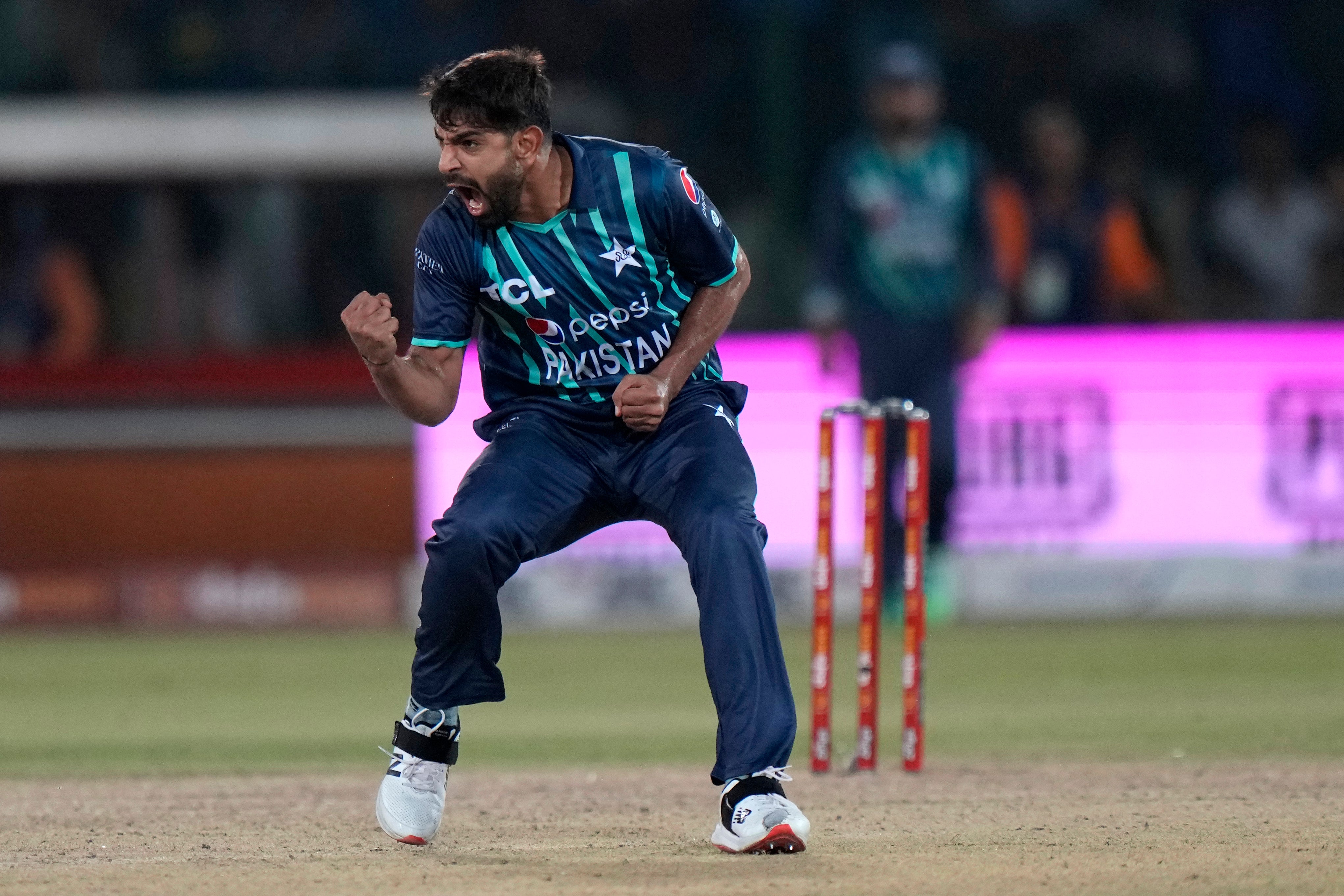 Pakistan’s Haris Rauf celebrates the dismissal of England’s Harry Brook (Anium Naveed/AP)