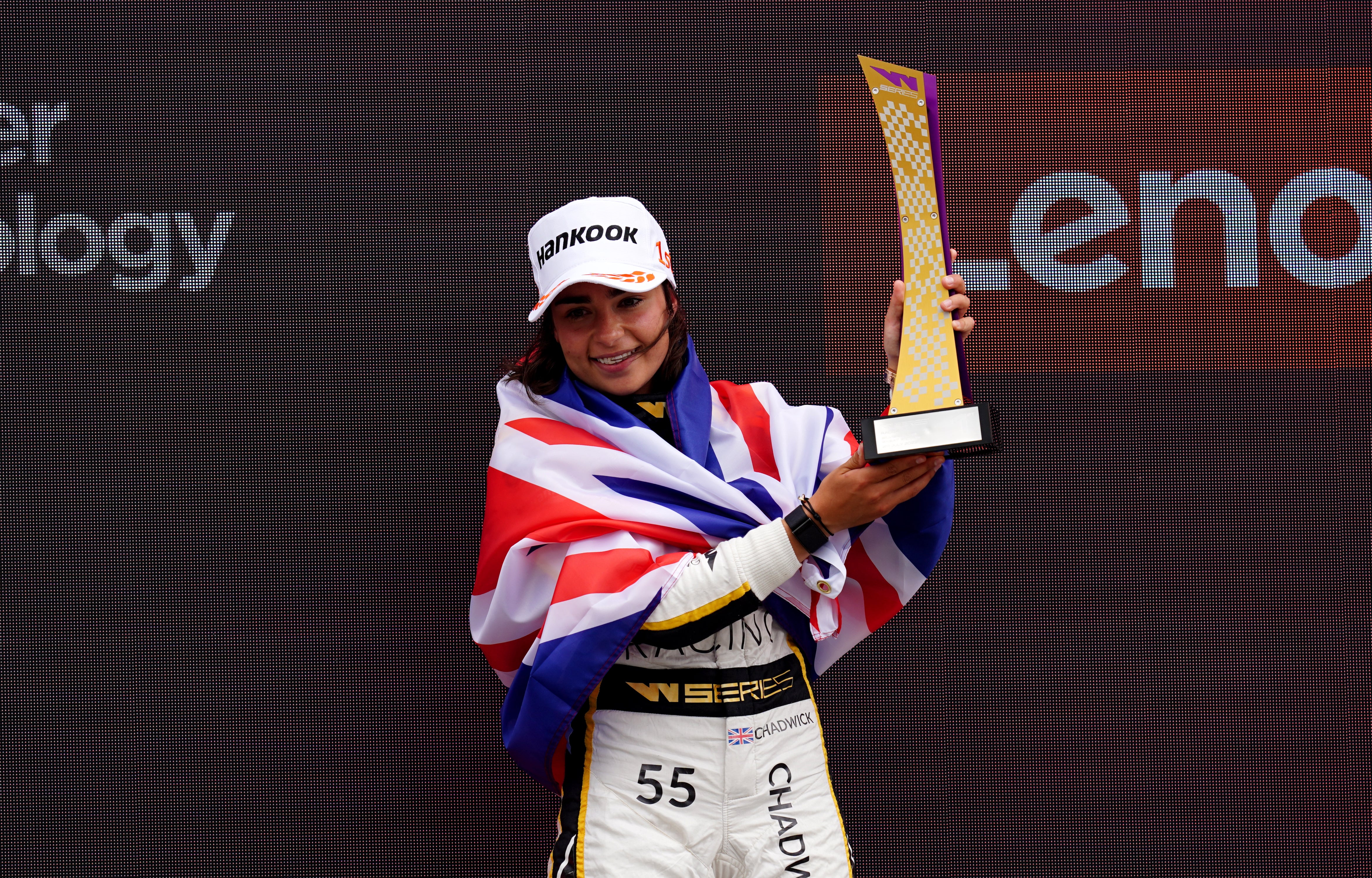 Jamie Chadwick celebrates winning at Silverstone earlier this year (David Davies/PA)