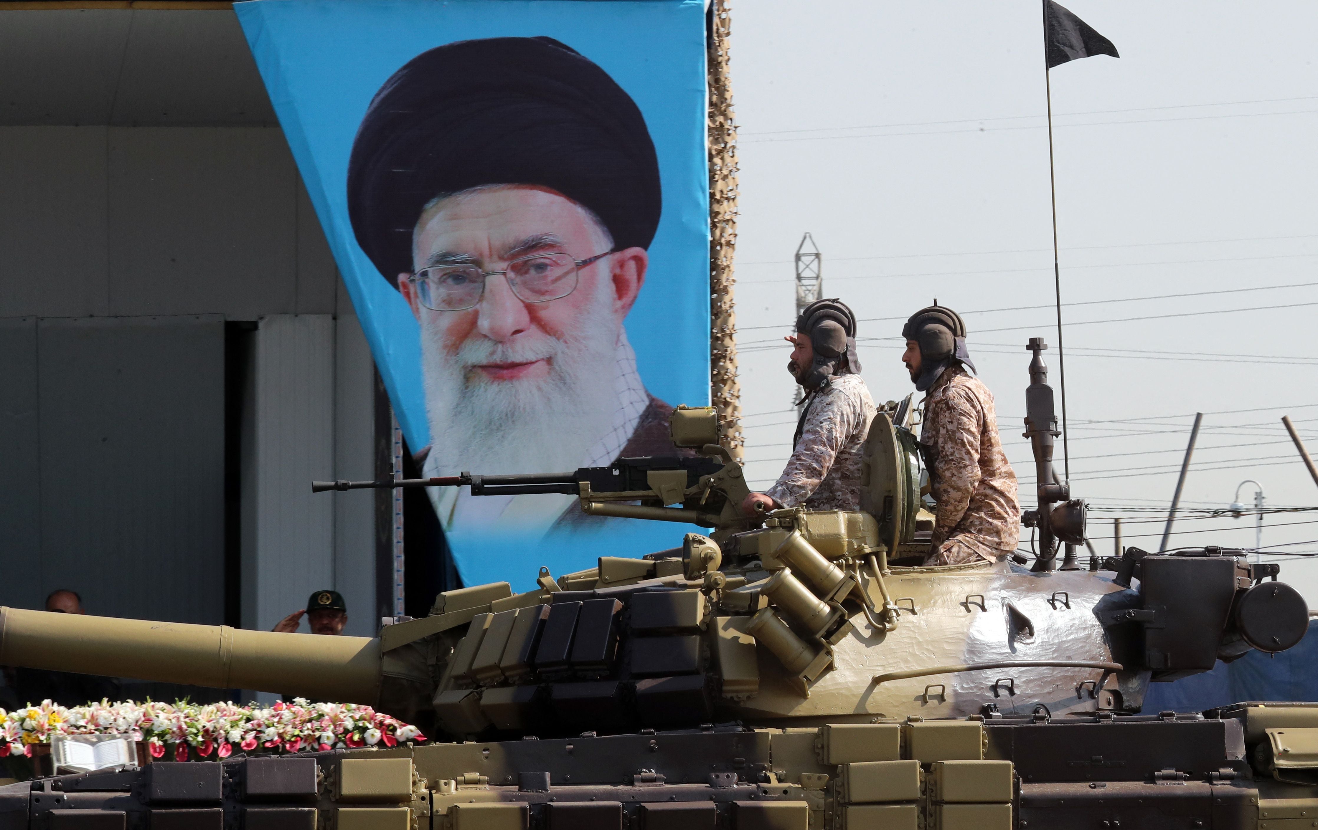 Iranian soldiers march during the annual military parade marking the anniversary of the outbreak of the devastating 1980-1988 war with Saddam Hussein’s Iraq, in the capital Tehran on Thursday