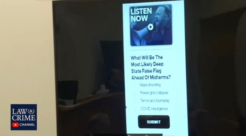 Jurors are shown a survey on Infowars around three weeks ago continuing to suggest mass shootings are ‘false flags'
