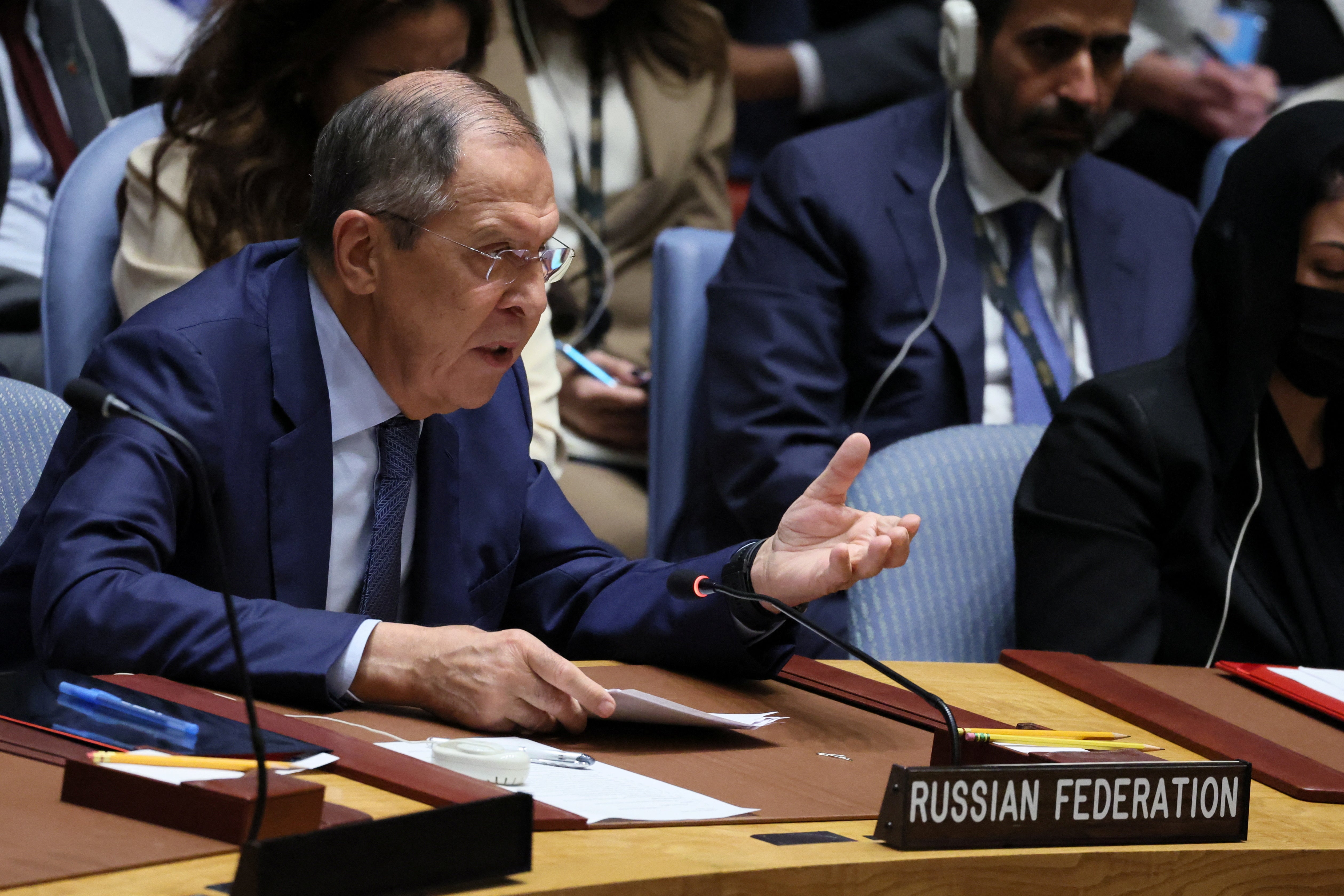 Russia's Foreign Minister Sergei Lavrov speaks during a high level meeting of the United Nations Security Council