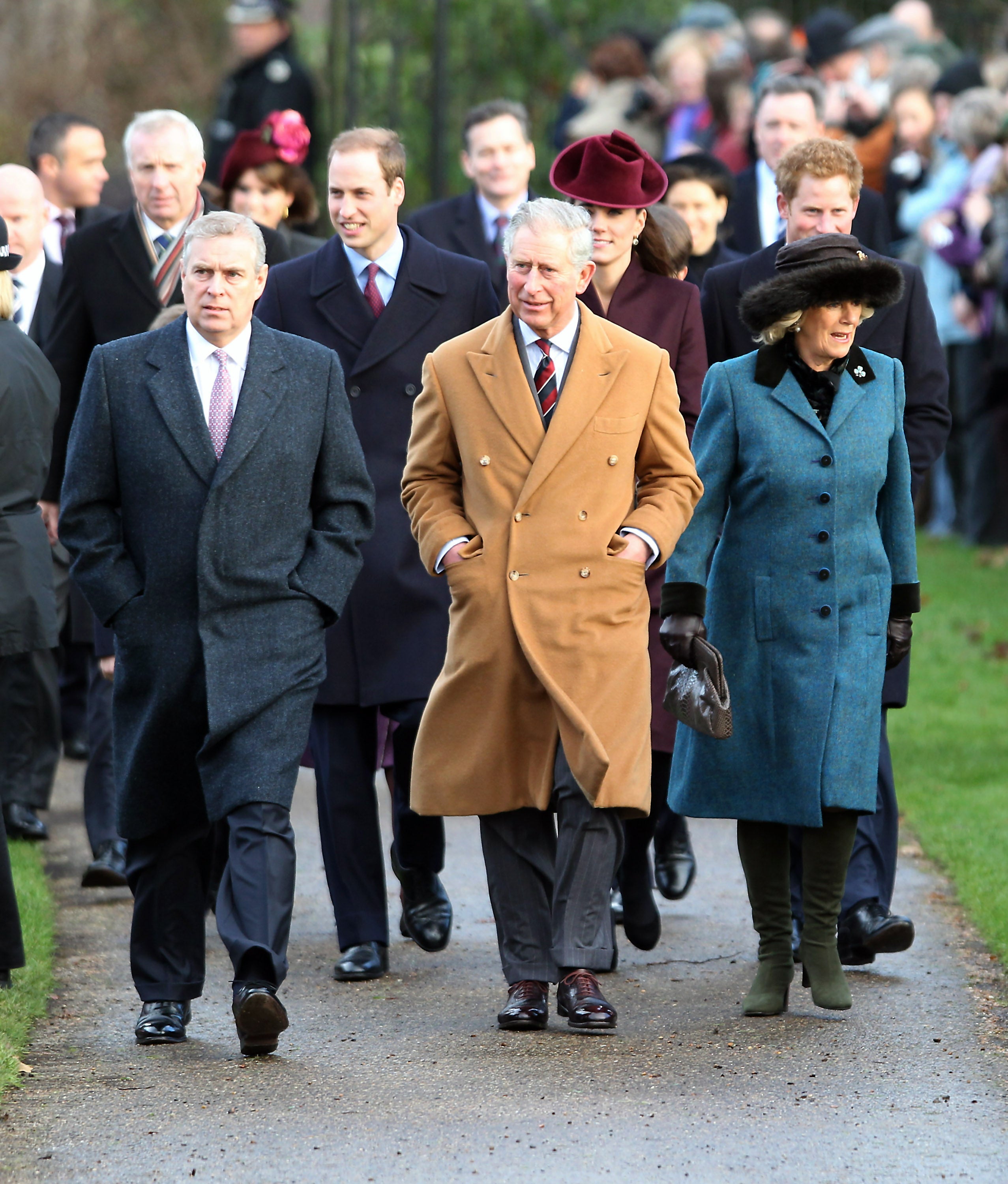 Prince Andrew, Duke of York, Prince William, Duke of Cambridge, Prince Charles, Prince of Wales, Catherine, Duchess of Cambridge, Camilla, Duchess of Conrwall and Prince Harry walk to Sandringham Church for the traditional Christmas Day service at Sandringham on December 25, 2011