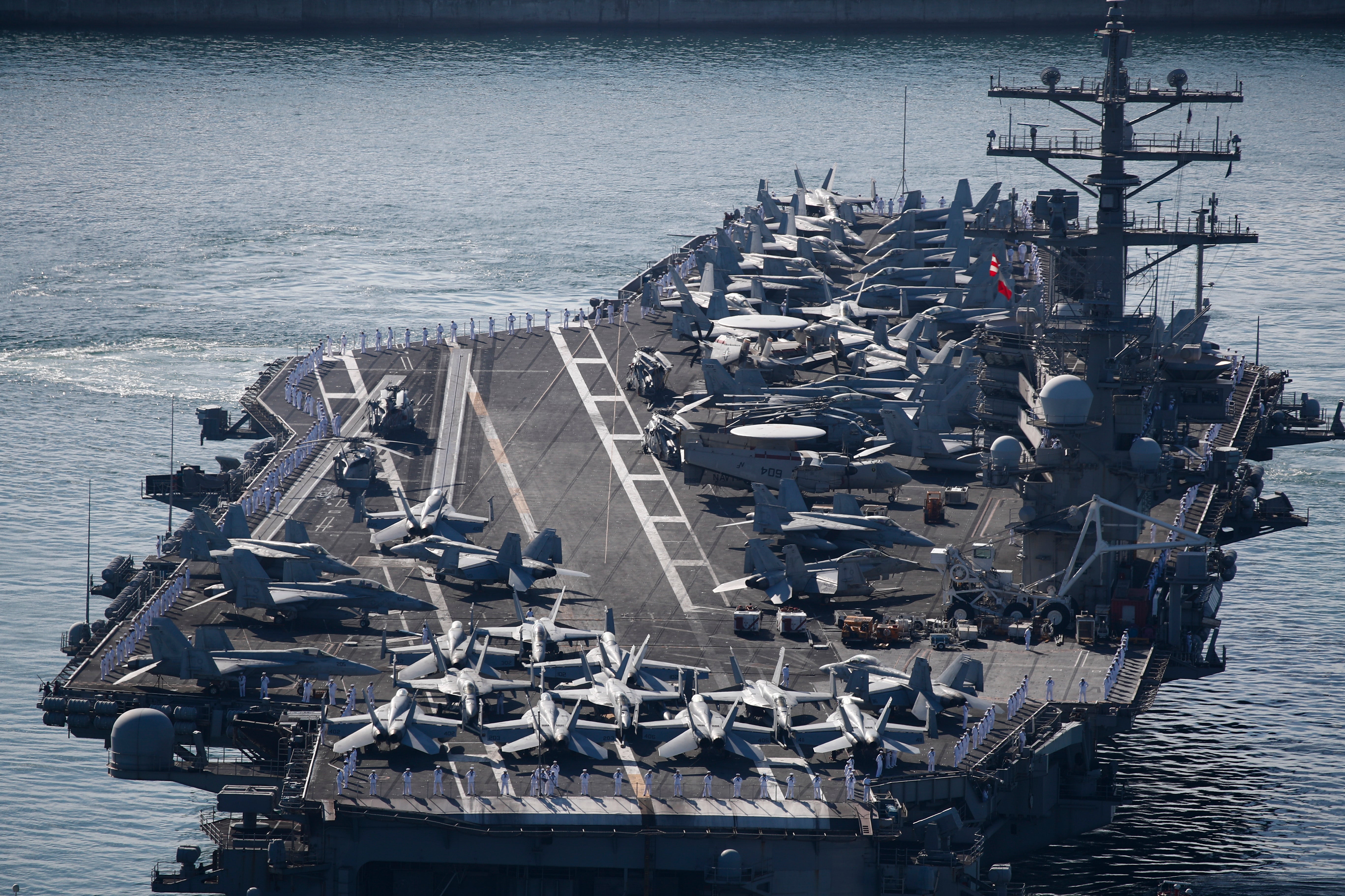 The USS Ronald Reagan (CVN 76), a US Navy Nimitz-class nuclear-powered aircraft carrier, arrives at a port in the southeastern coastal city of Busan on 23 September