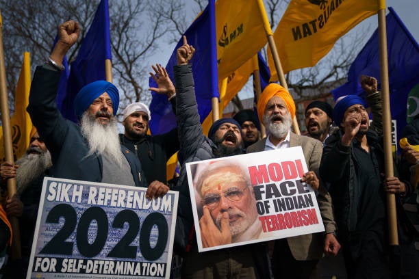 File: Members of Sikhs For Justice rally against India’s prime minister India Narendra Modi in Lafayette Square across the street from the White House in 2020