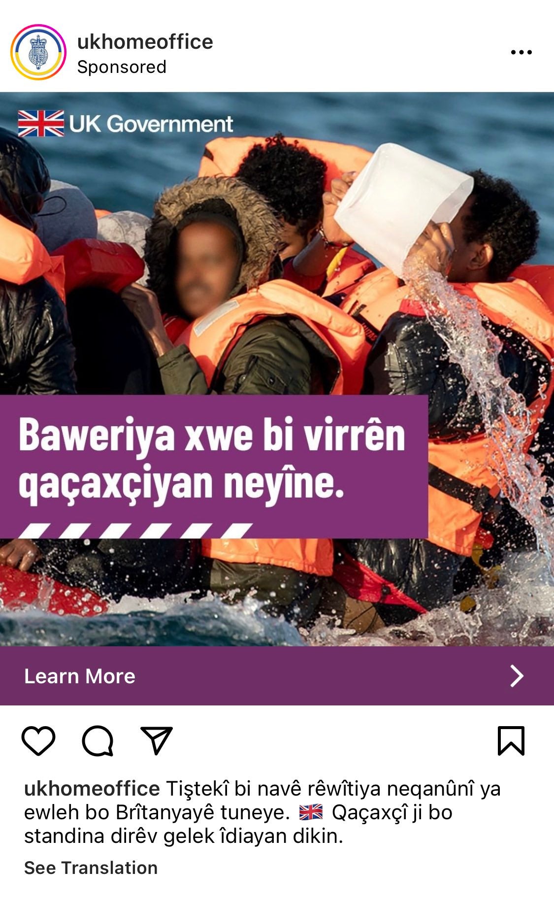 A Home Office Instagram advert, in Kurdish, telling migrants not to ‘believe smugglers’ lies'