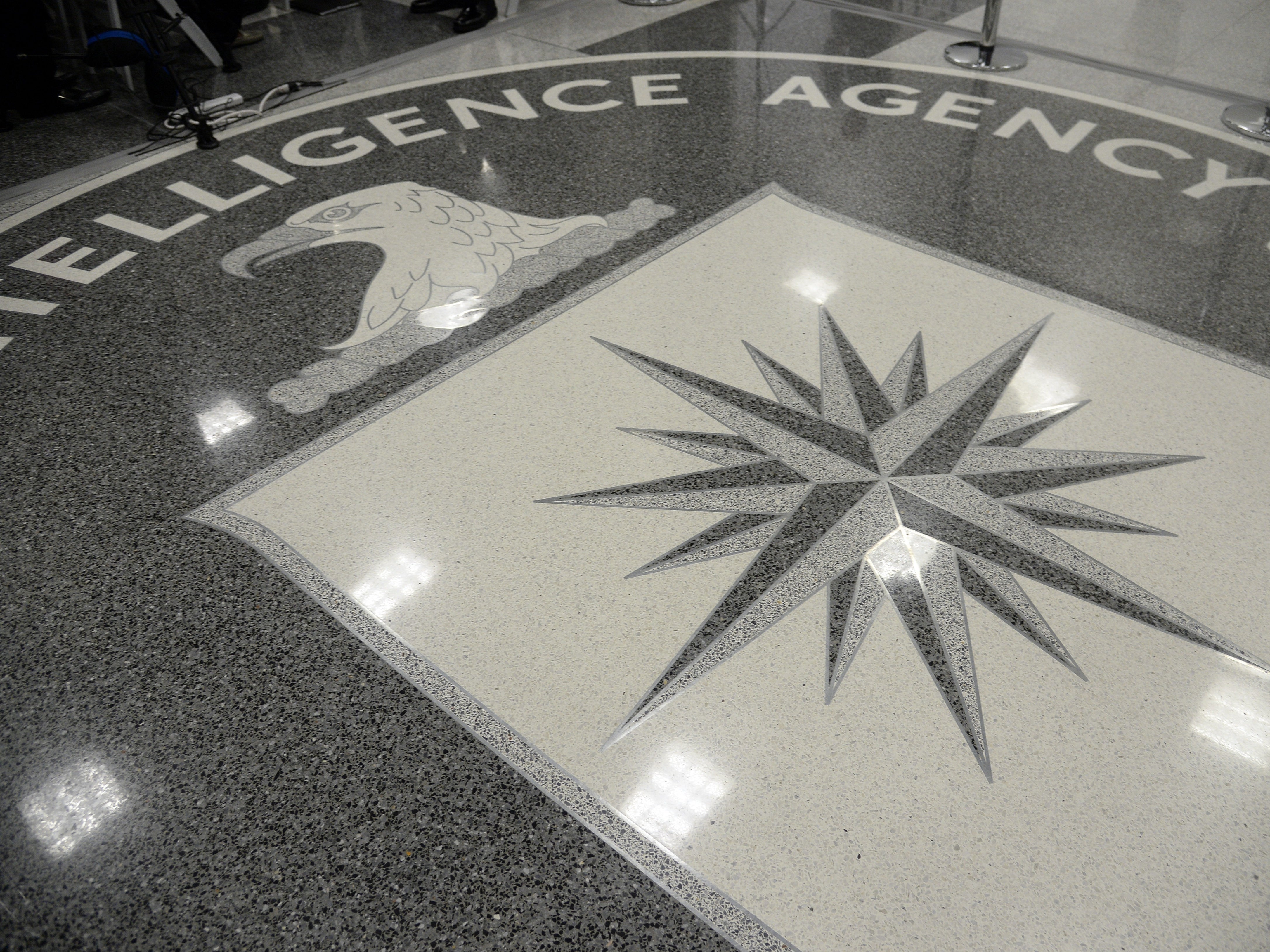 The logo of the CIA is seen at the CIA headquarters on 21 January 2017 in Langley, Virginia