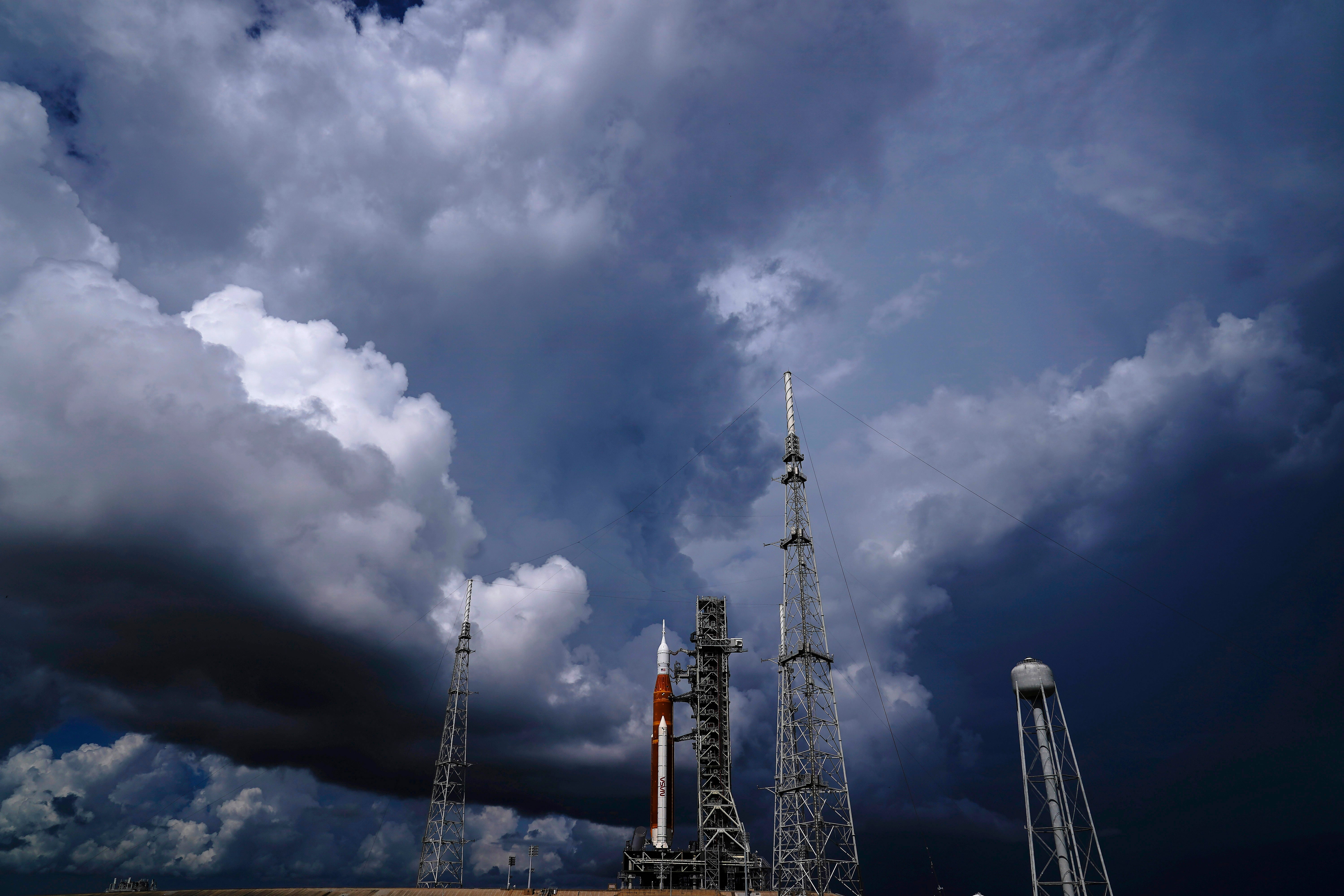 The NASA moon rocket stands on Pad 39B before a launch attempt for the Artemis 1 mission