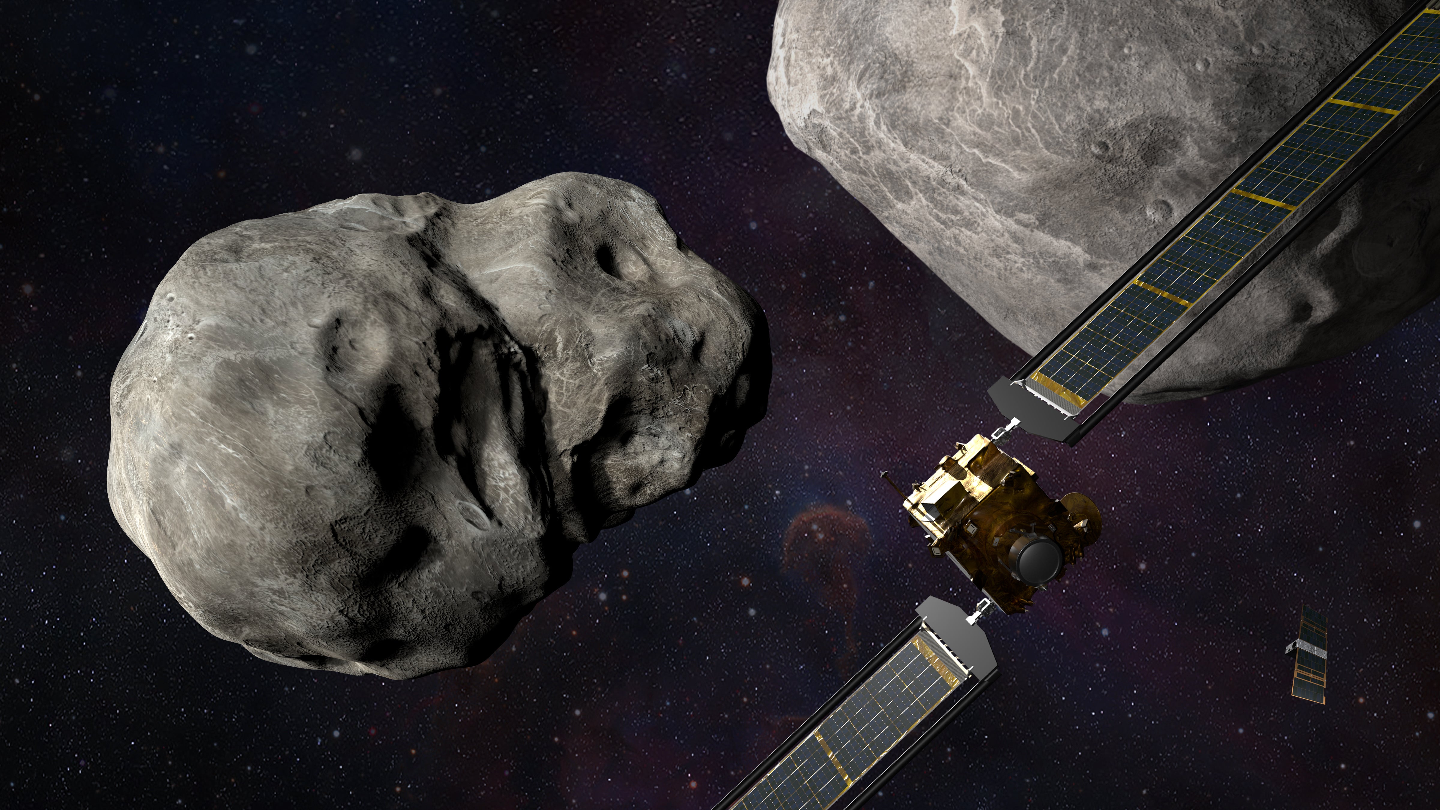 An artist’s illustration of Nasa’s Double Asteroid Redirection Test (DART) mission as it closes in on the asteroid Dimorphos