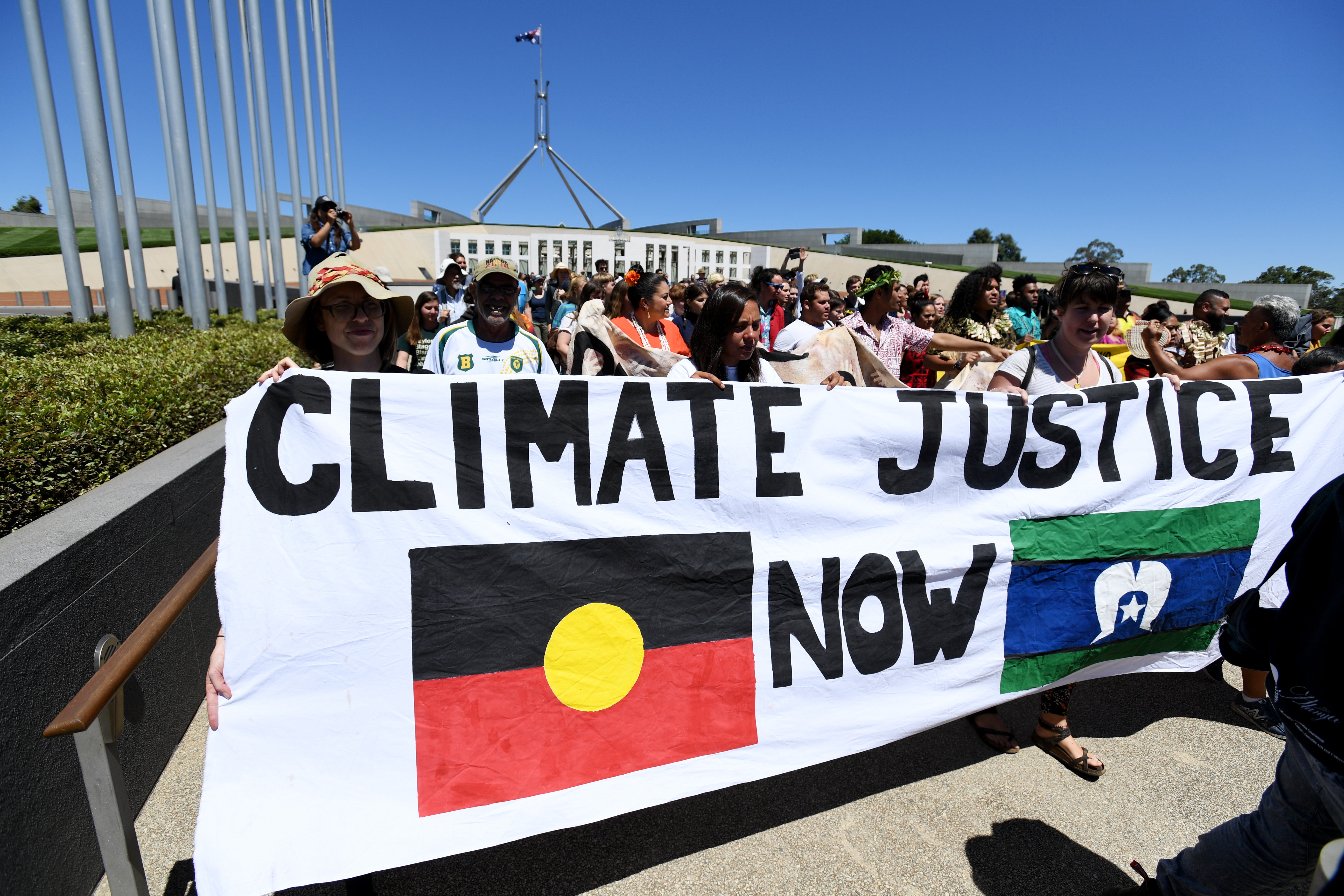 Torres Strait Islander people and non-Indigenous allies occupy the foyer of Canberra’s Parliament House in February 2019