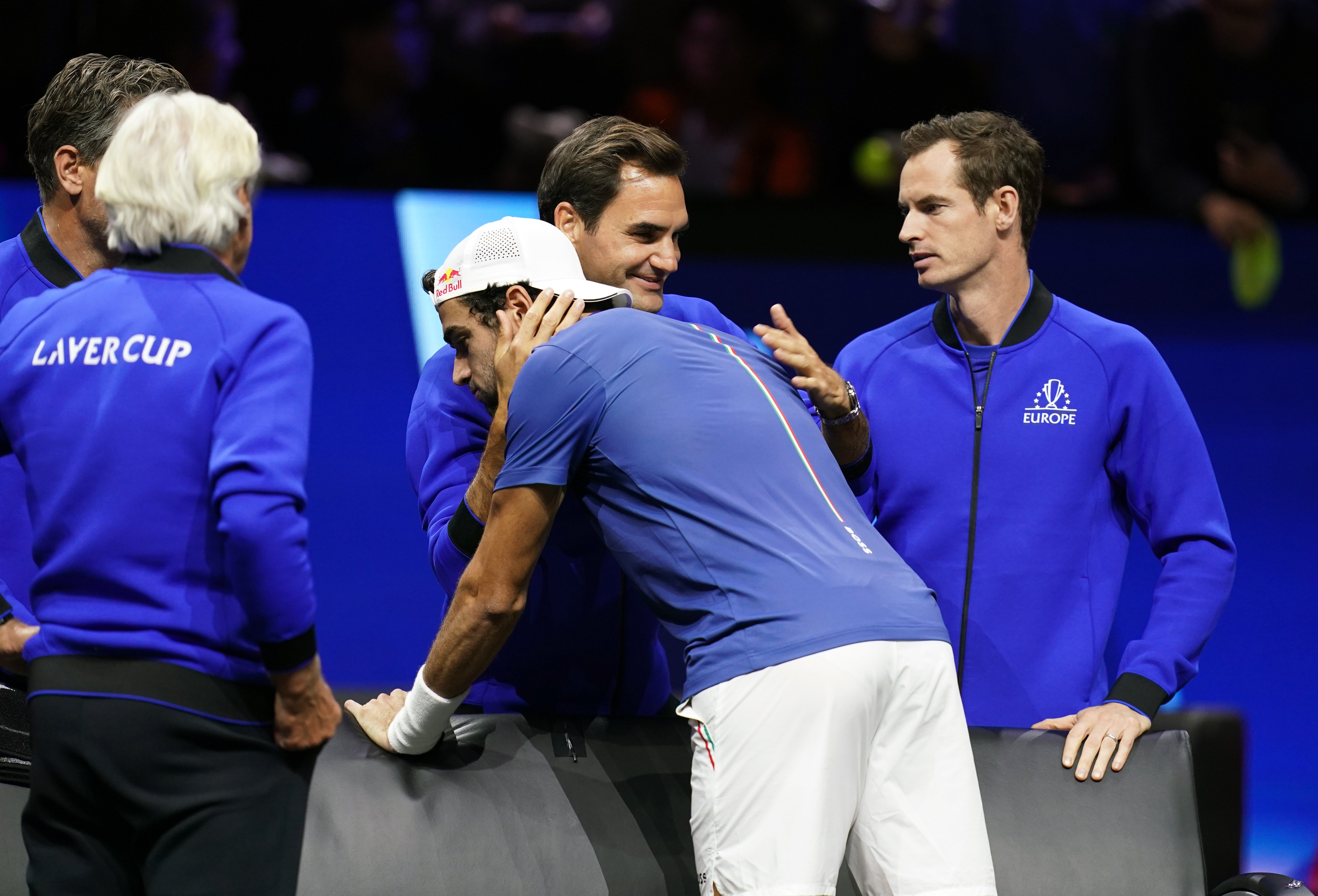 Matteo Berrettini celebrates Roger Federer and Andy Murray (John Walton/PA)