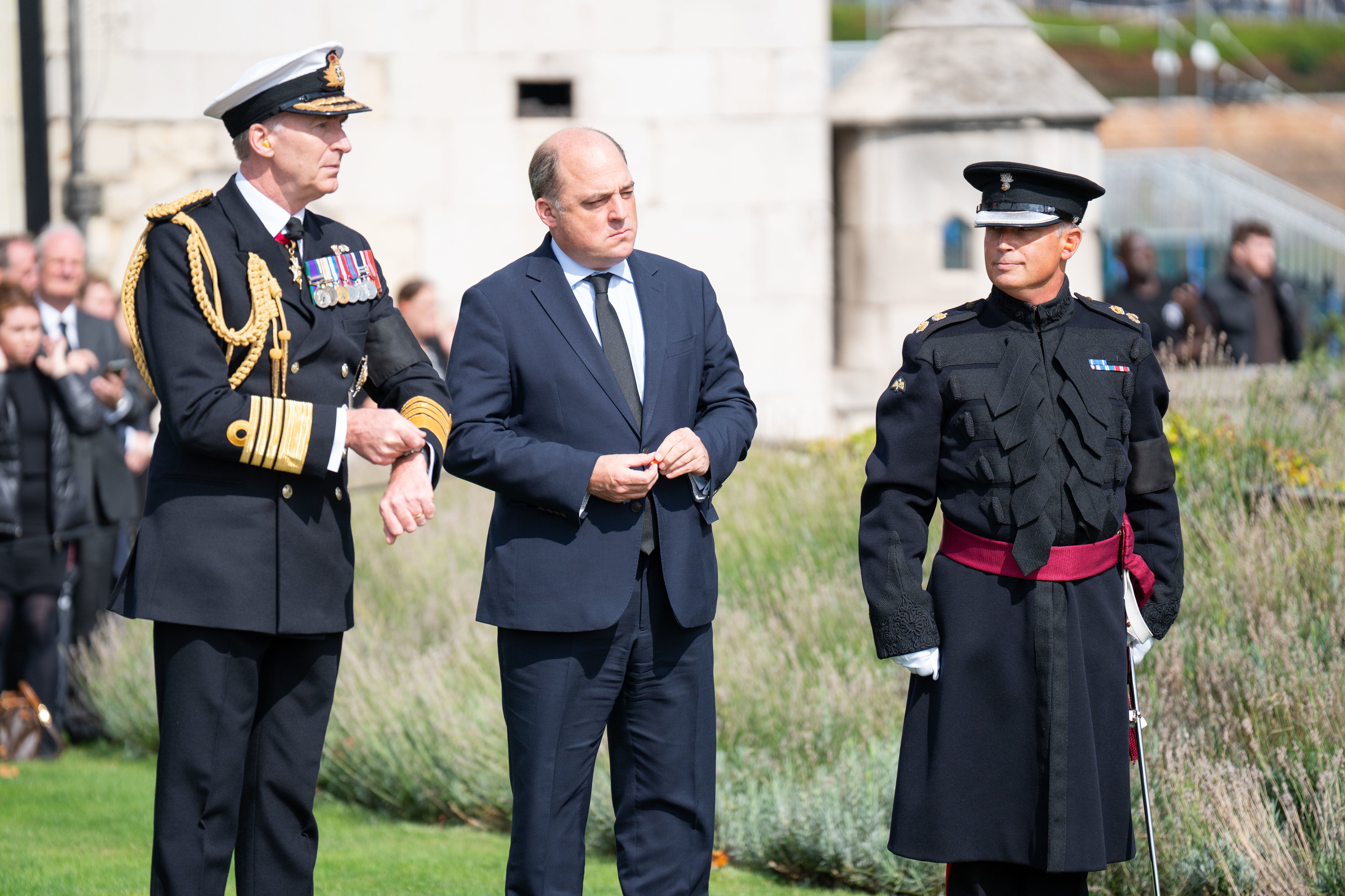 Defence secretary Ben Wallace (middle) says the armed forces has been subject to a ‘corporate raid’ by the Treasury for the past ‘30 or 40 years’