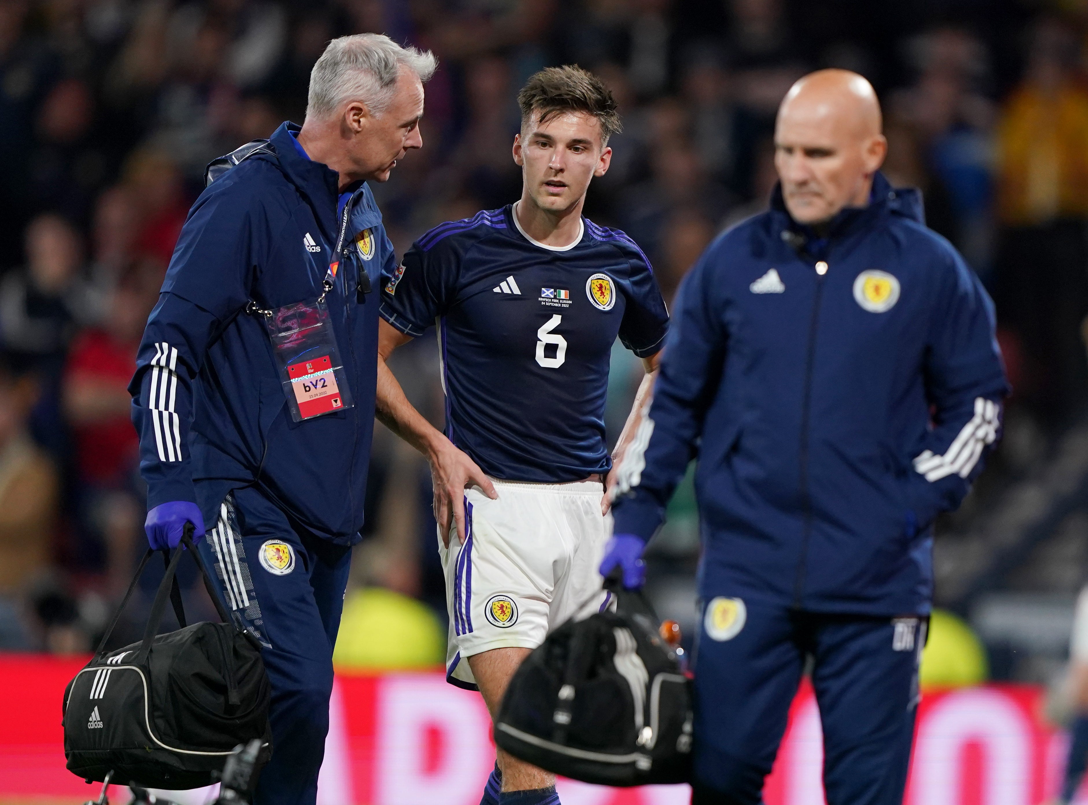 Scotland’s Kieran Tierney (centre) out of Ukraine game (Andrew Milligan/PA)