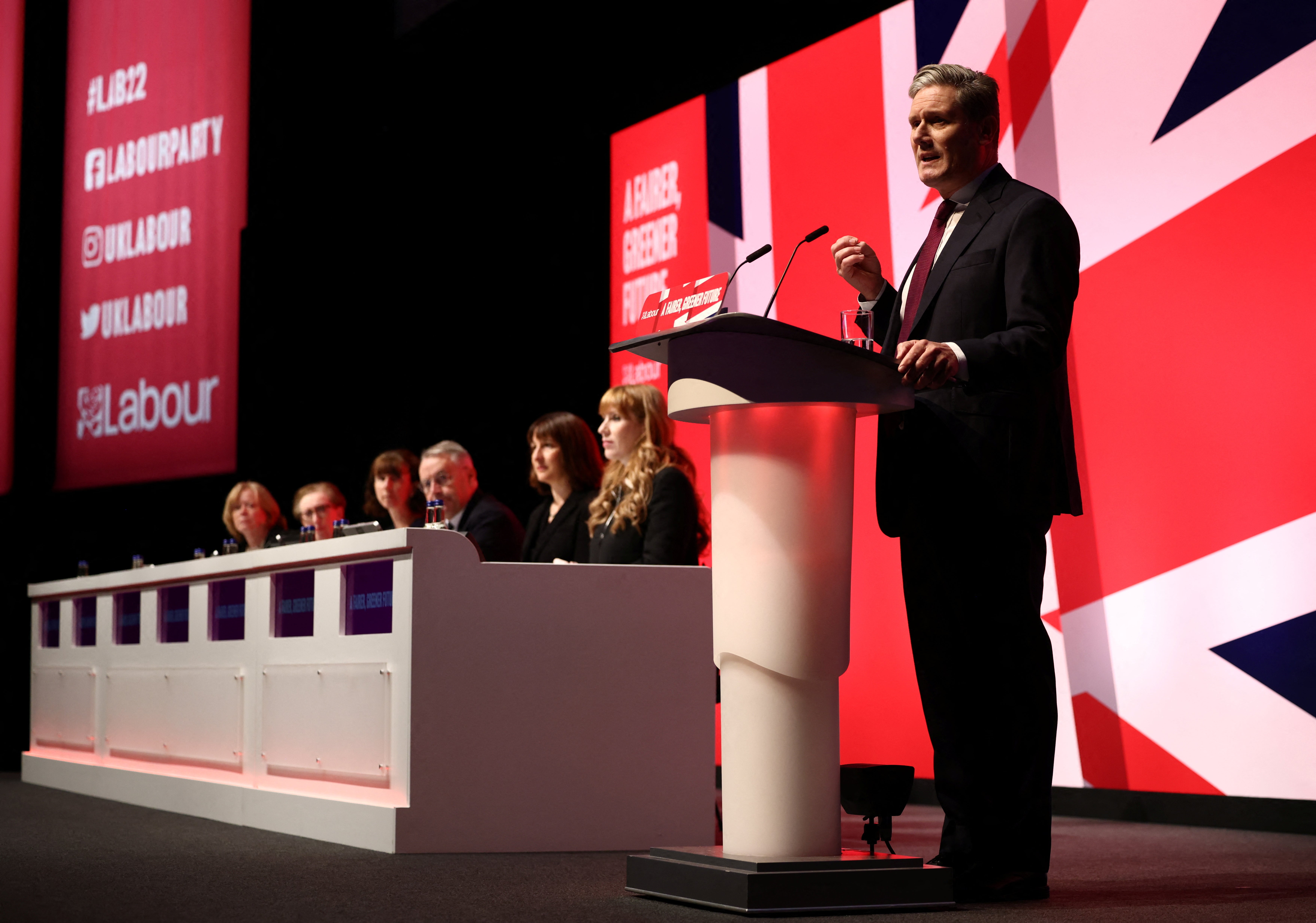 Britain's Labour Party leader Keir Starmer speaks during the tribute to Britain's Queen Elizabeth at Britain's Labour Party's annual conference in Liverpool,