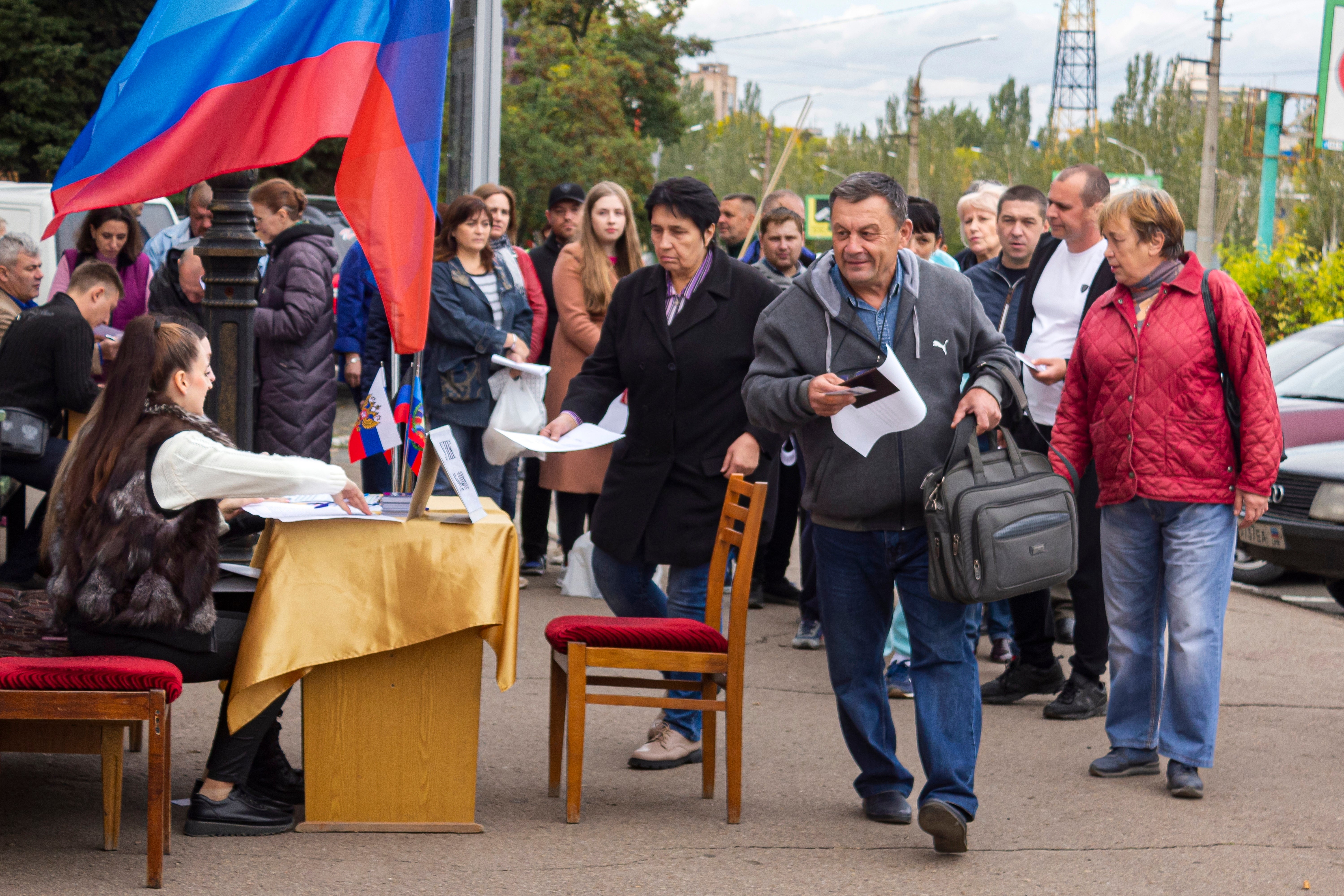 People line up to vote in a referendum in Luhansk, Luhansk People's Republic controlled by Russia-backed separatists