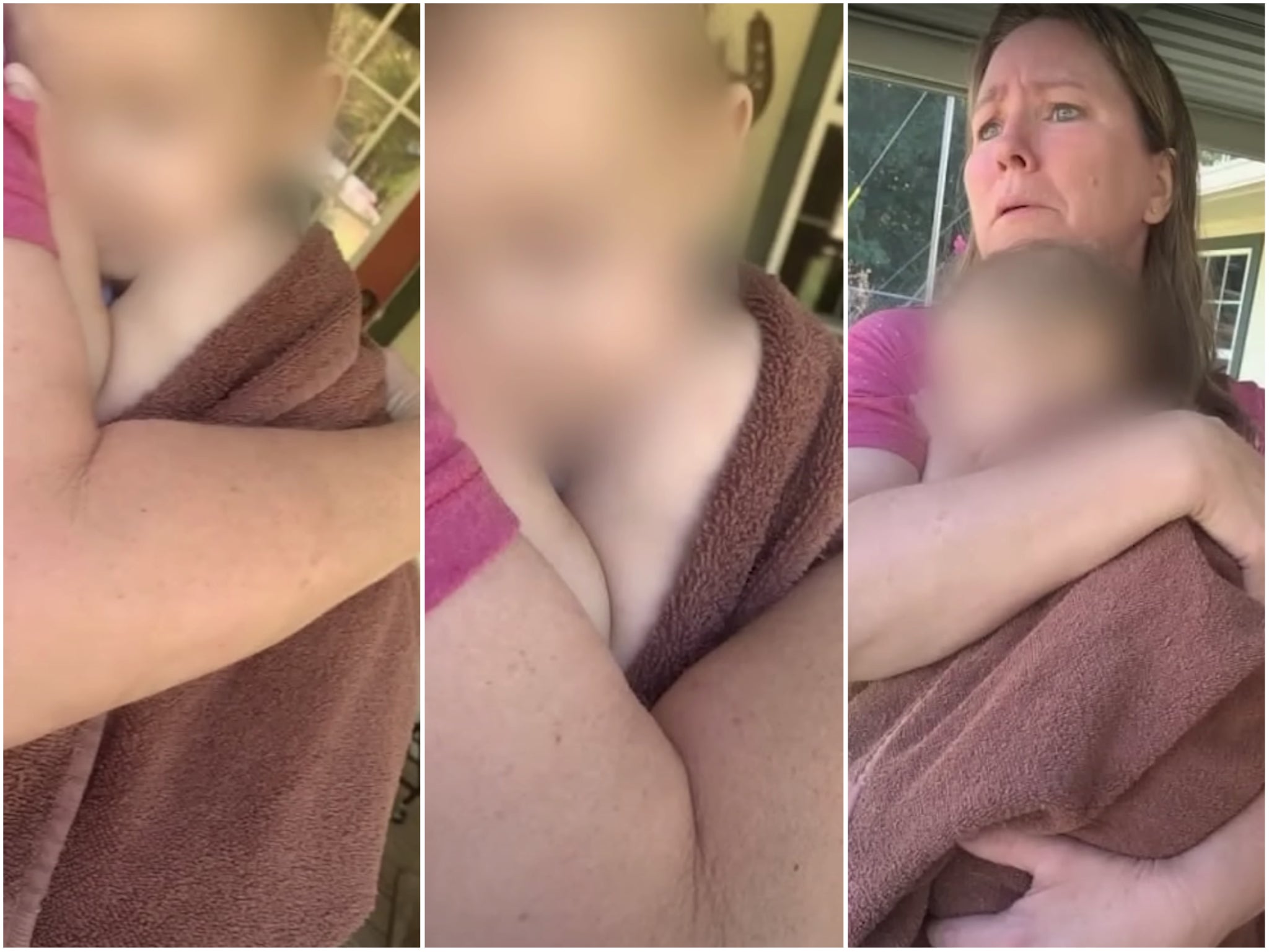 Katharine McClain holds a child found abandoned in her shed. The child’s father is in custody facing multiple charges