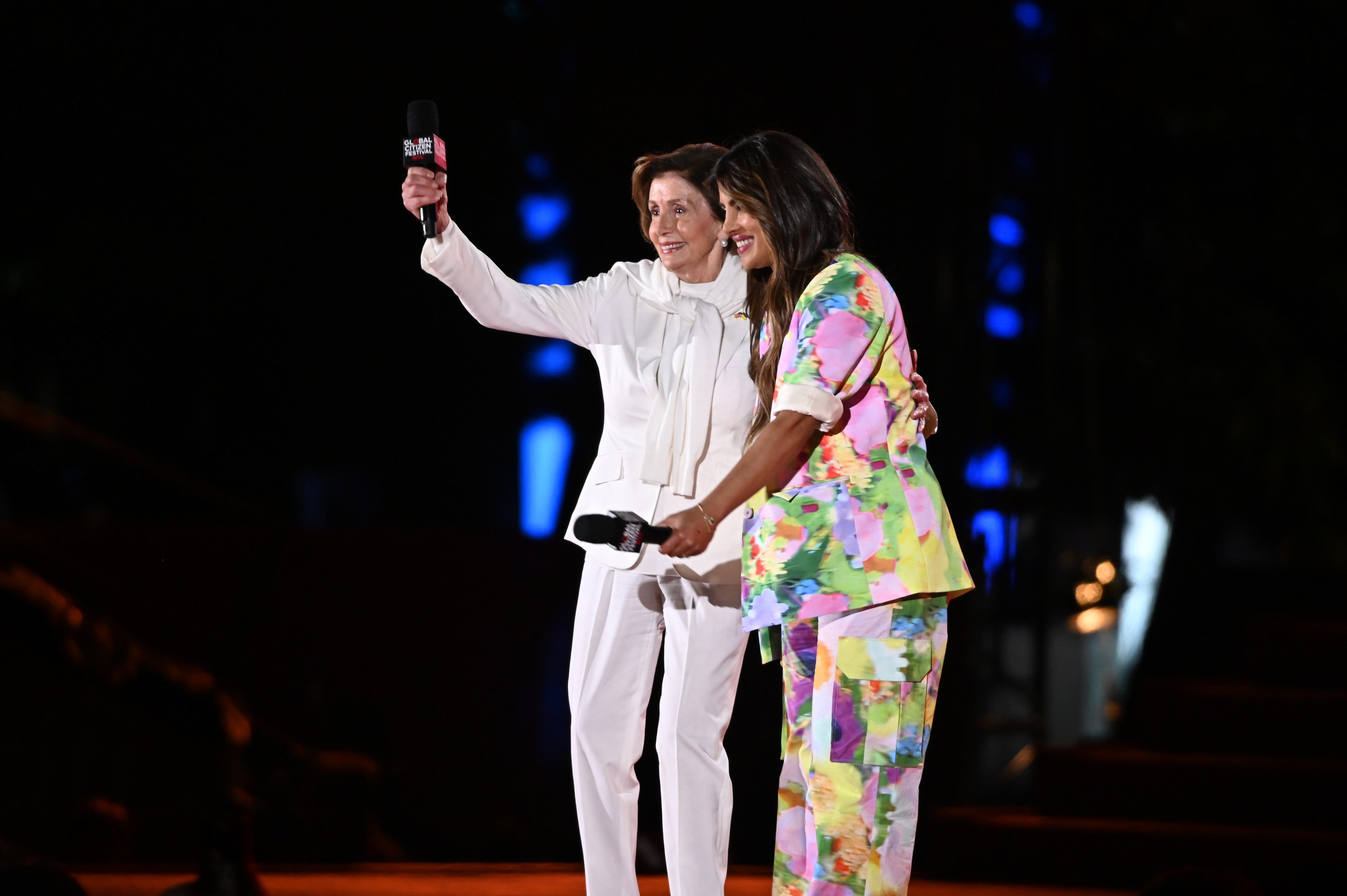 Nancy Pelosi and Priyanka Chopra Jonas speak onstage during Global Citizen Festival 2022: New York at Central Park on September 24, 2022 in New York City