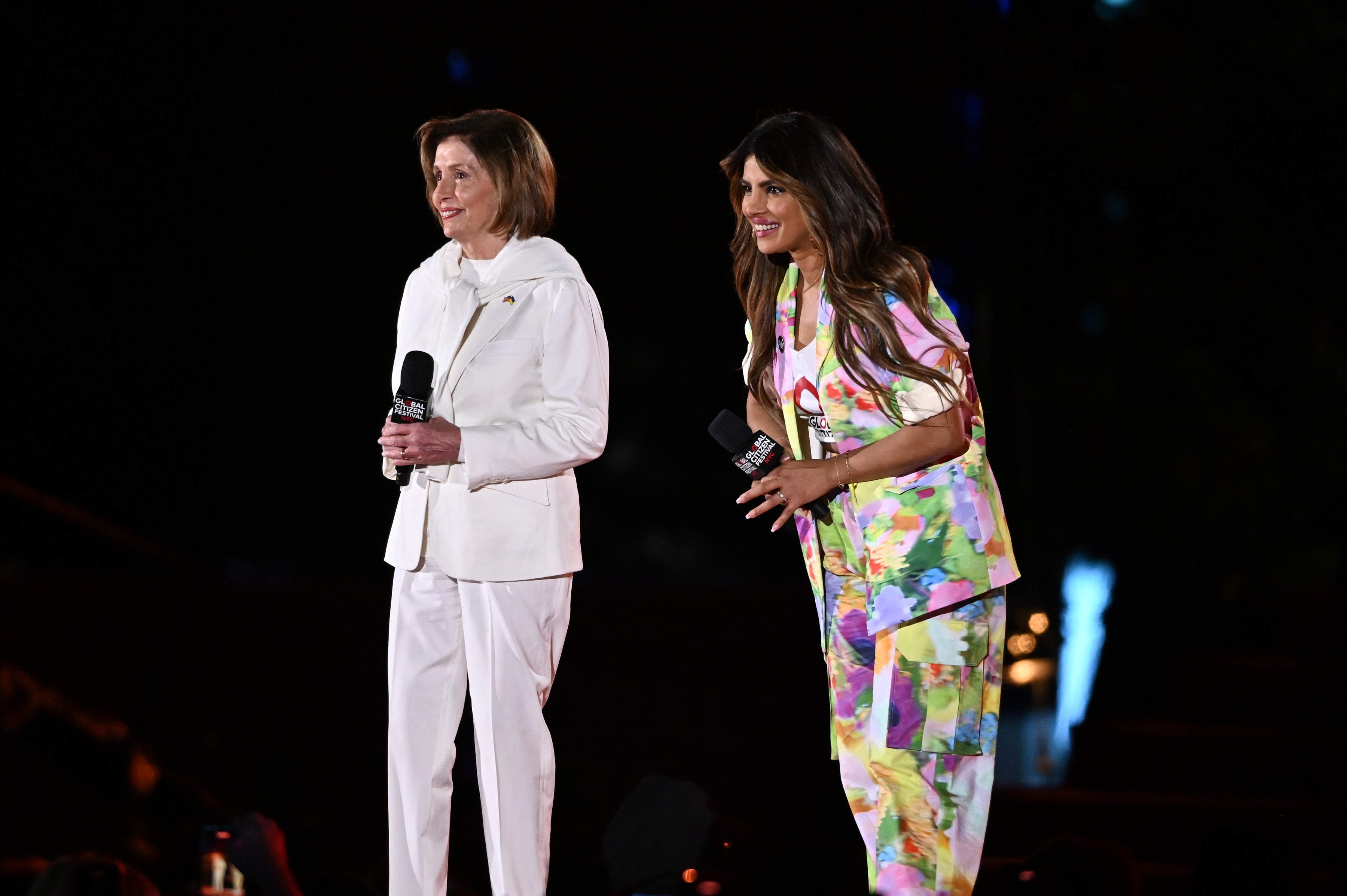 Nancy Pelosi and Priyanka Chopra Jonas speak onstage during Global Citizen Festival 2022: New York at Central Park on September 24, 2022 in New York City