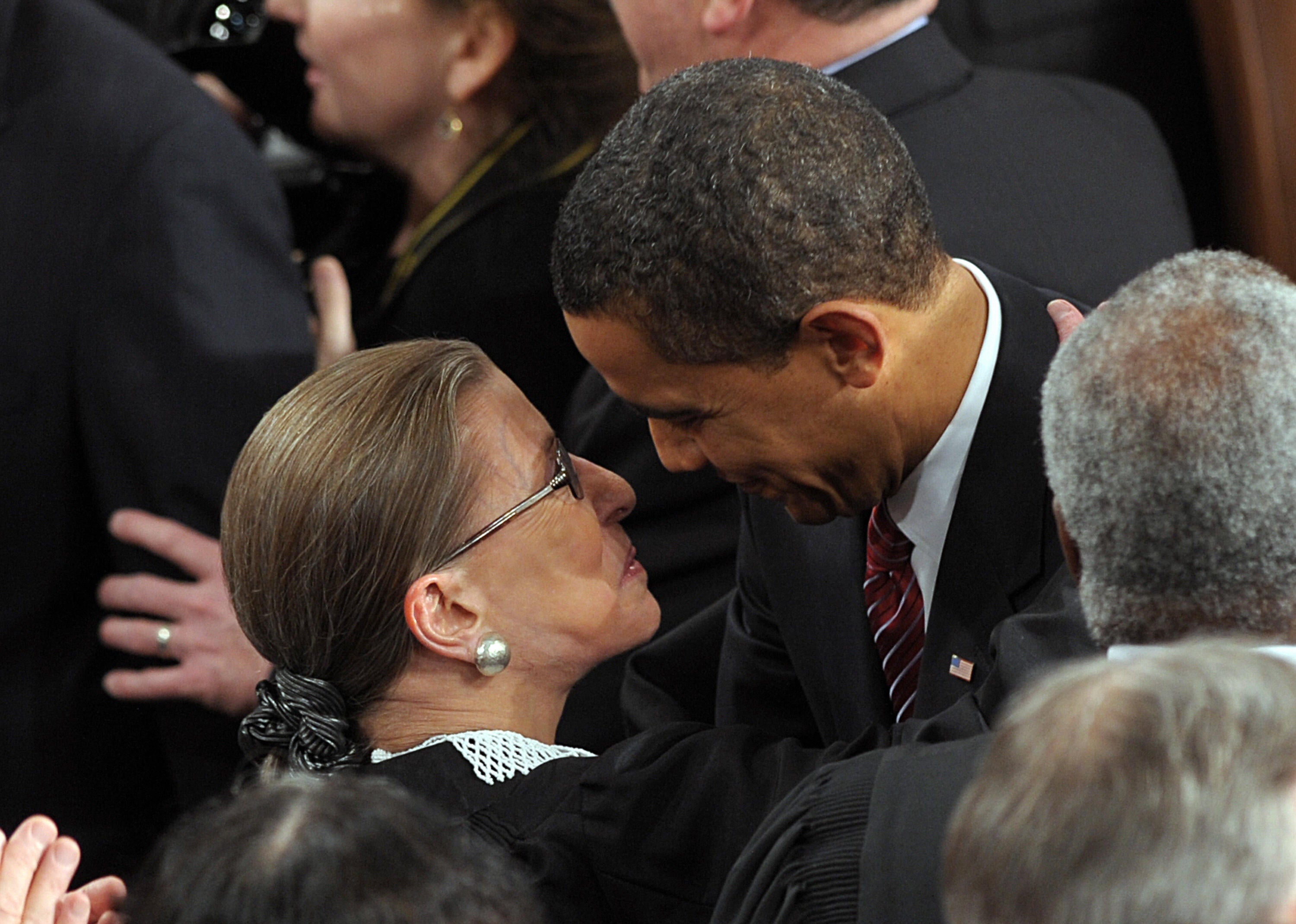 RBG greets Barack Obama before he addresses the joint session of Congress in 2009