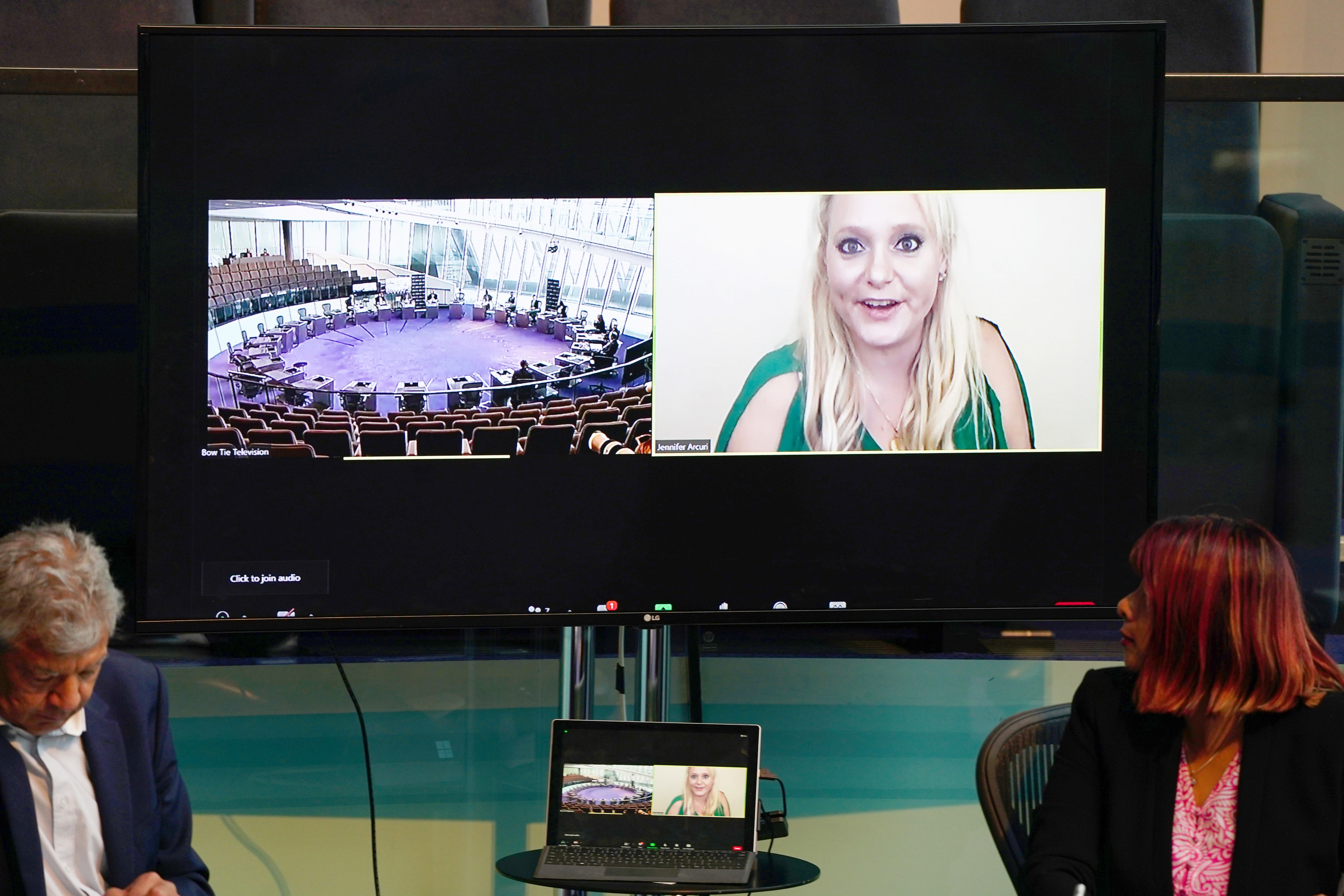 American businesswoman Jennifer Arcuri giving evidence via videolink to the London assembly’s oversight committee on UK, in the Chamber at City Hall