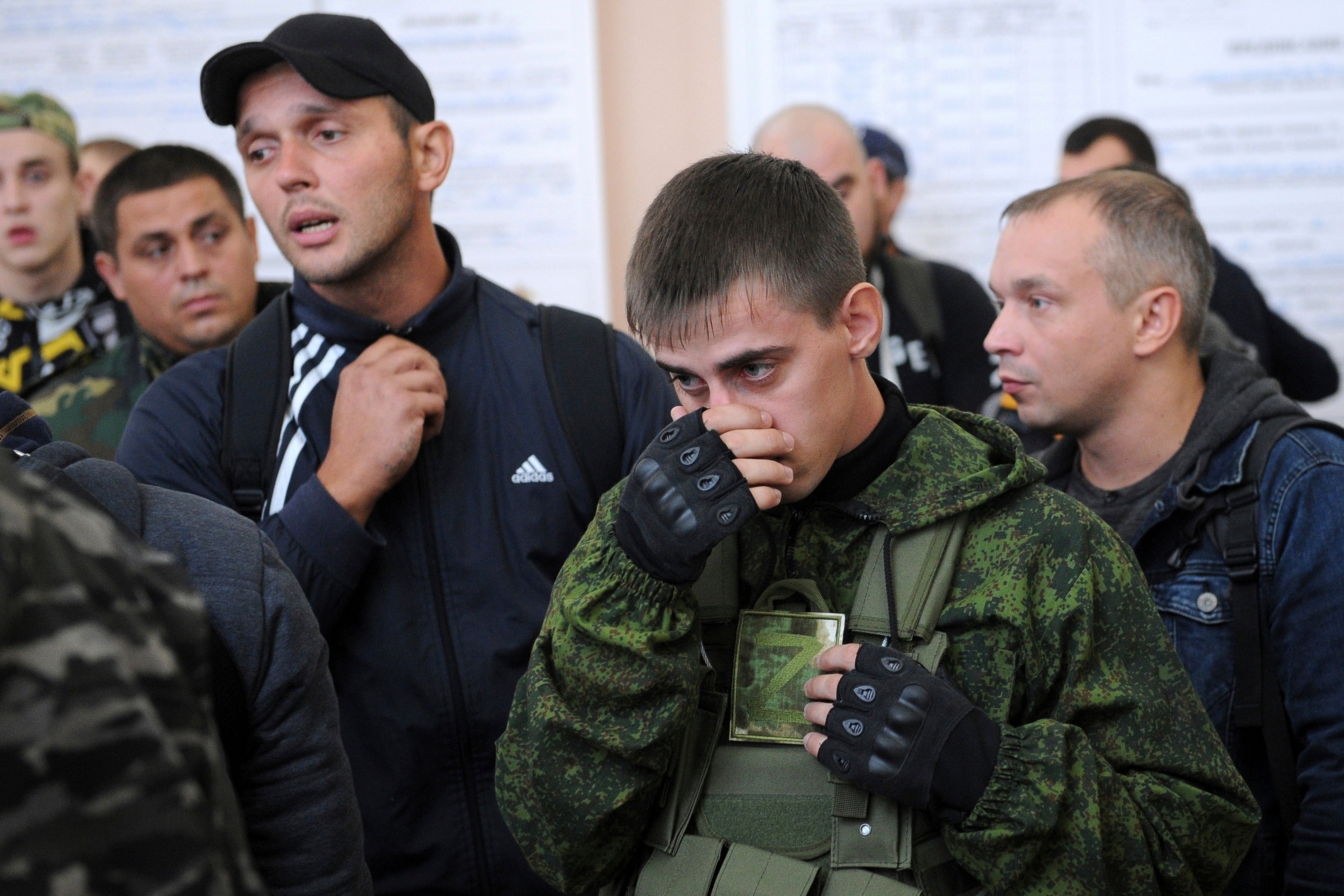 Russian recruits gather inside a military recruitment center of Bataysk, Rostov-on-Don region, south of Russia