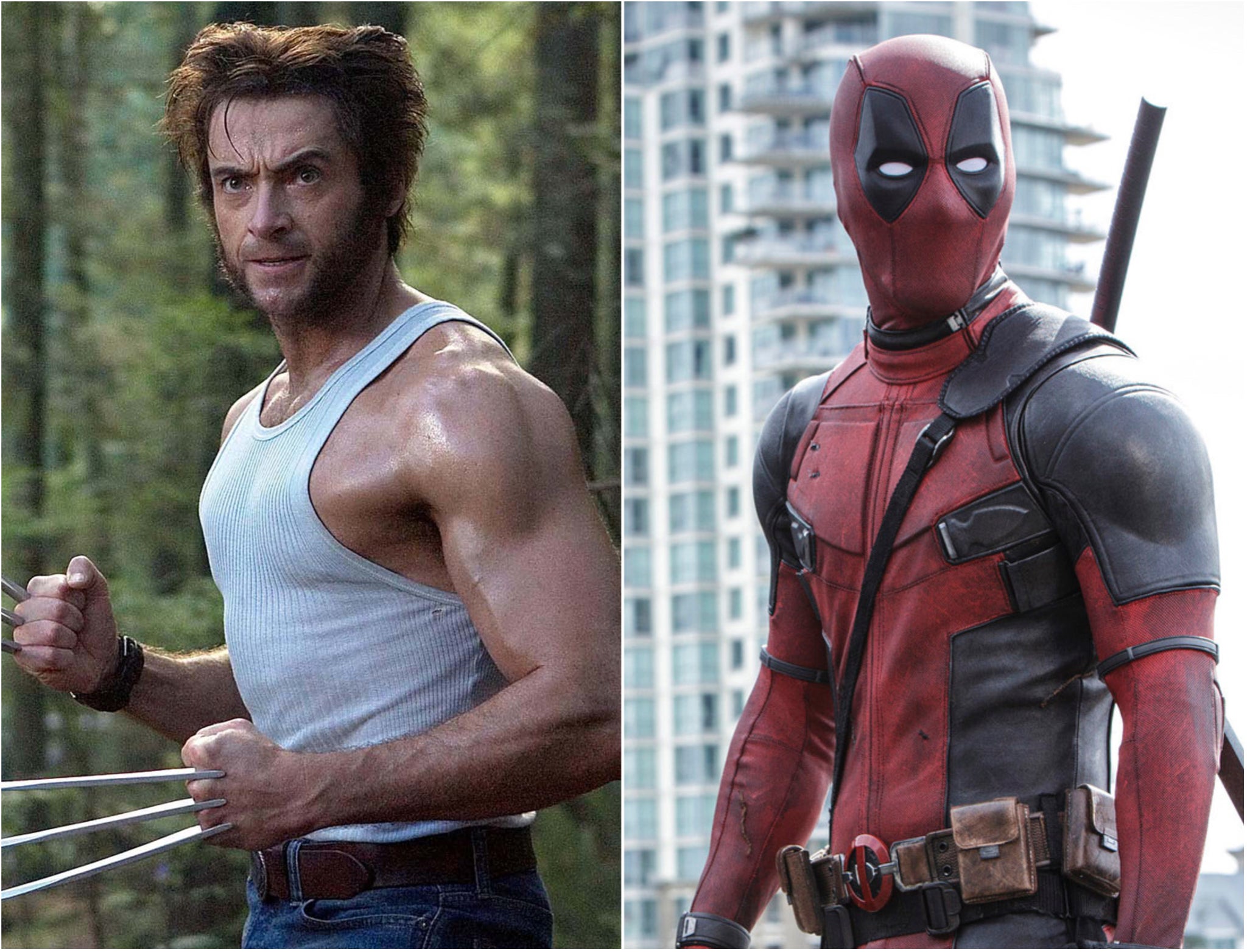 Hugh Jackman as Wolverine and Ryan Reynolds as Deadpool