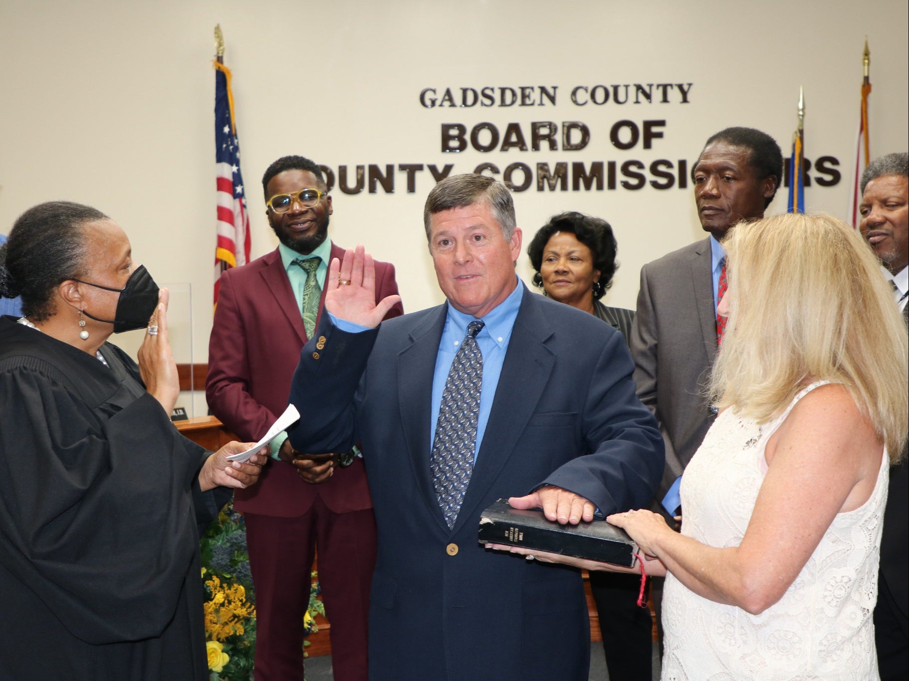 Jeffery Moore was sworn into office at the Gadsden County Board of Commissioners on 2 August after his appointment by Governor Ron DeSantis