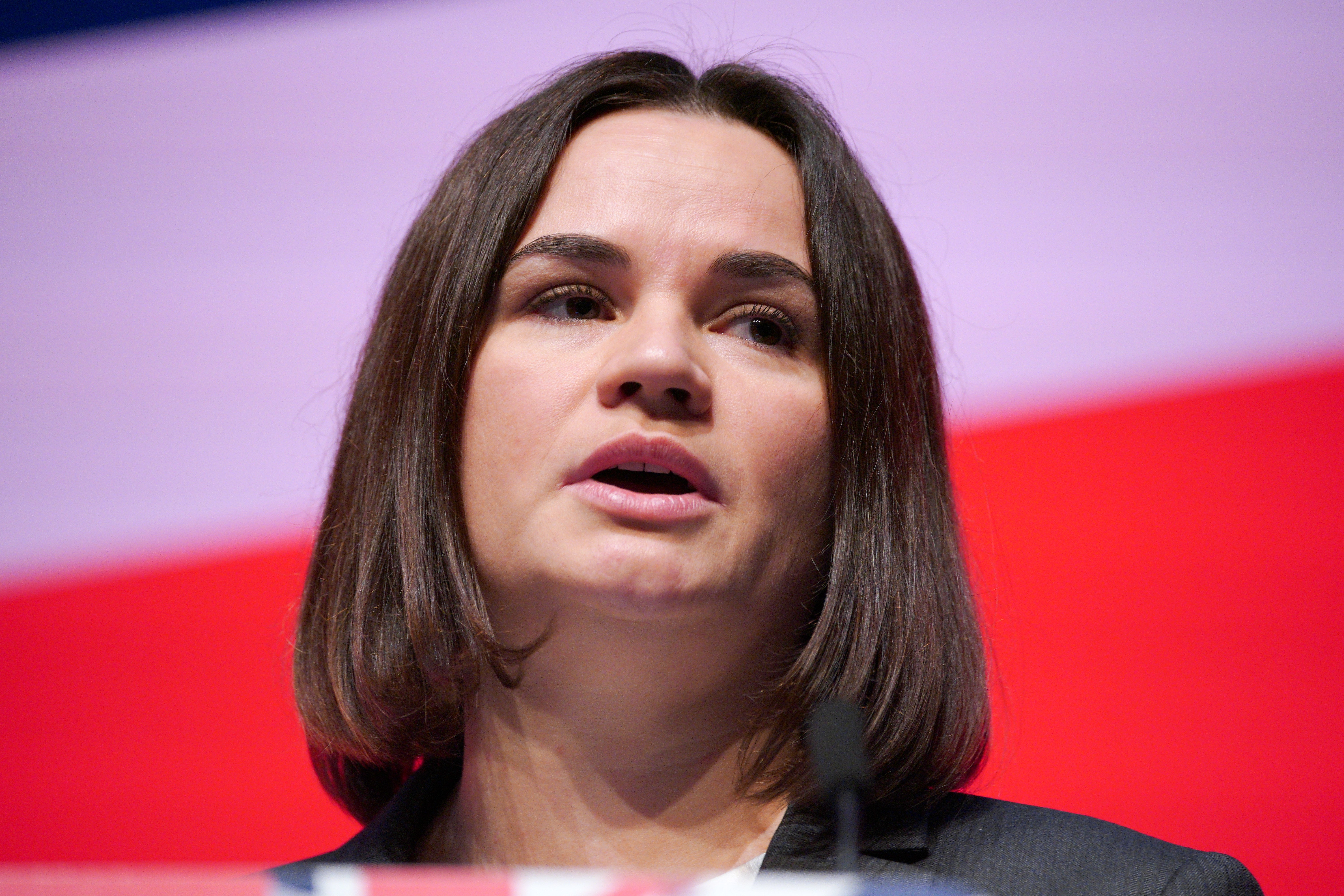 Belarus opposition leader Sviatlana Tsikhanouskaya speaks to delegates (Peter Byrne/PA)